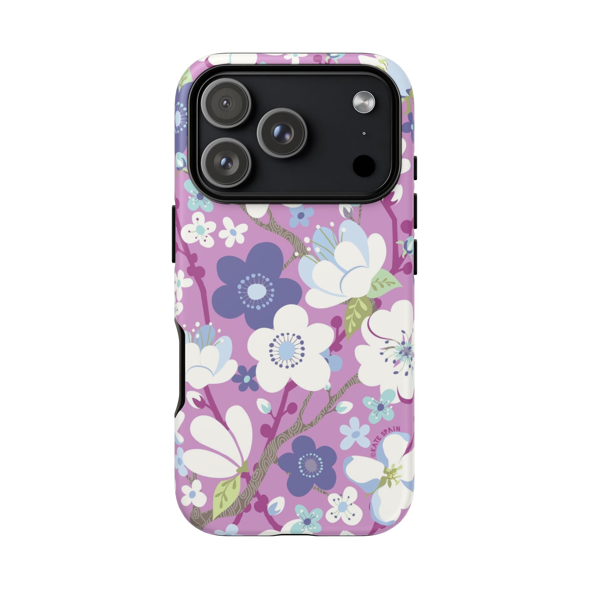 Luxury Cherry Blossom Tough iPhone 17 Pro Case – Glossy | mauve, purple, blue, white cherry blossom print