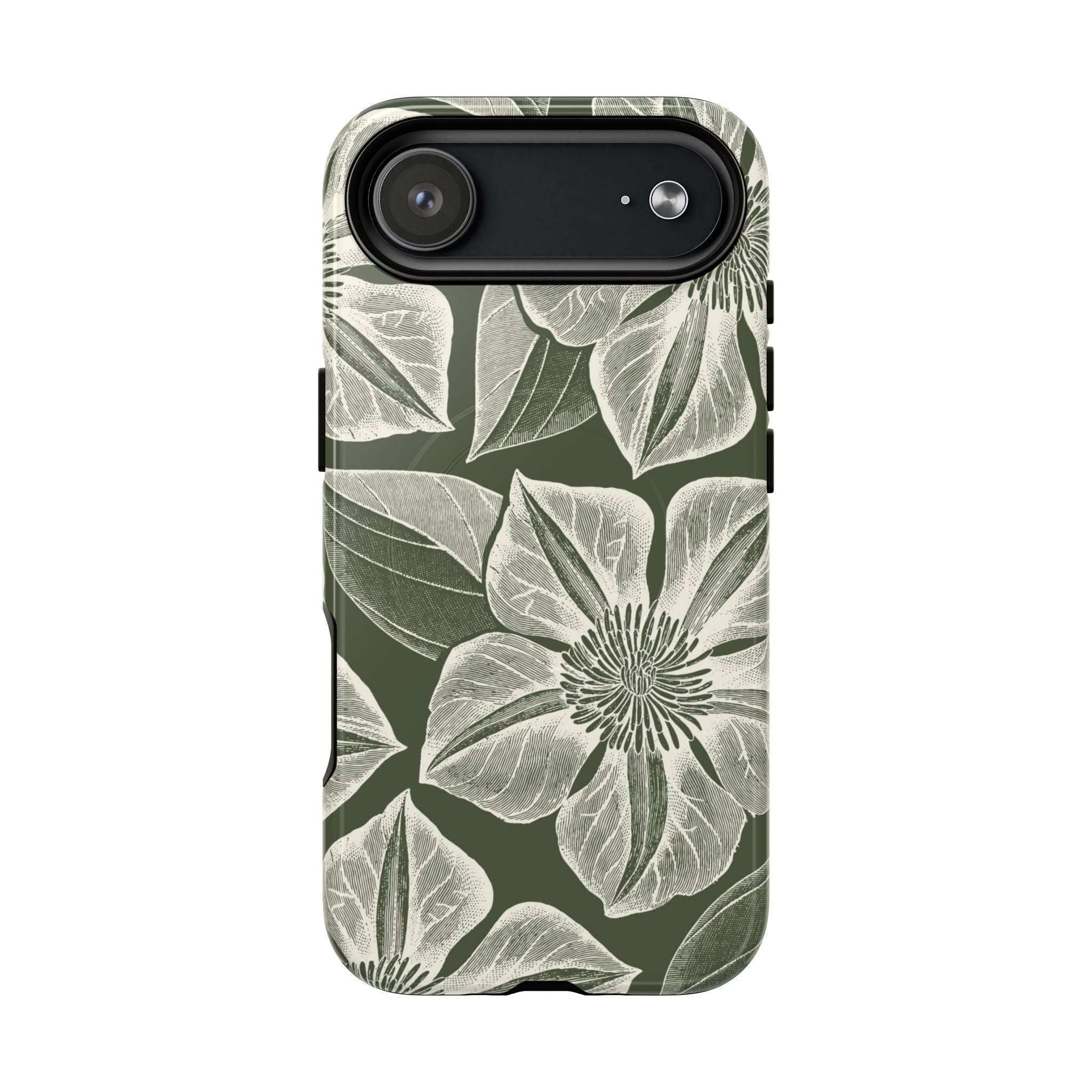 Vintage Bloom Cypress MagSafe iPhone 17 Air – Glossy | cypress green ground, large-scale white clematis print, engraved petal detail, dual-layer protection