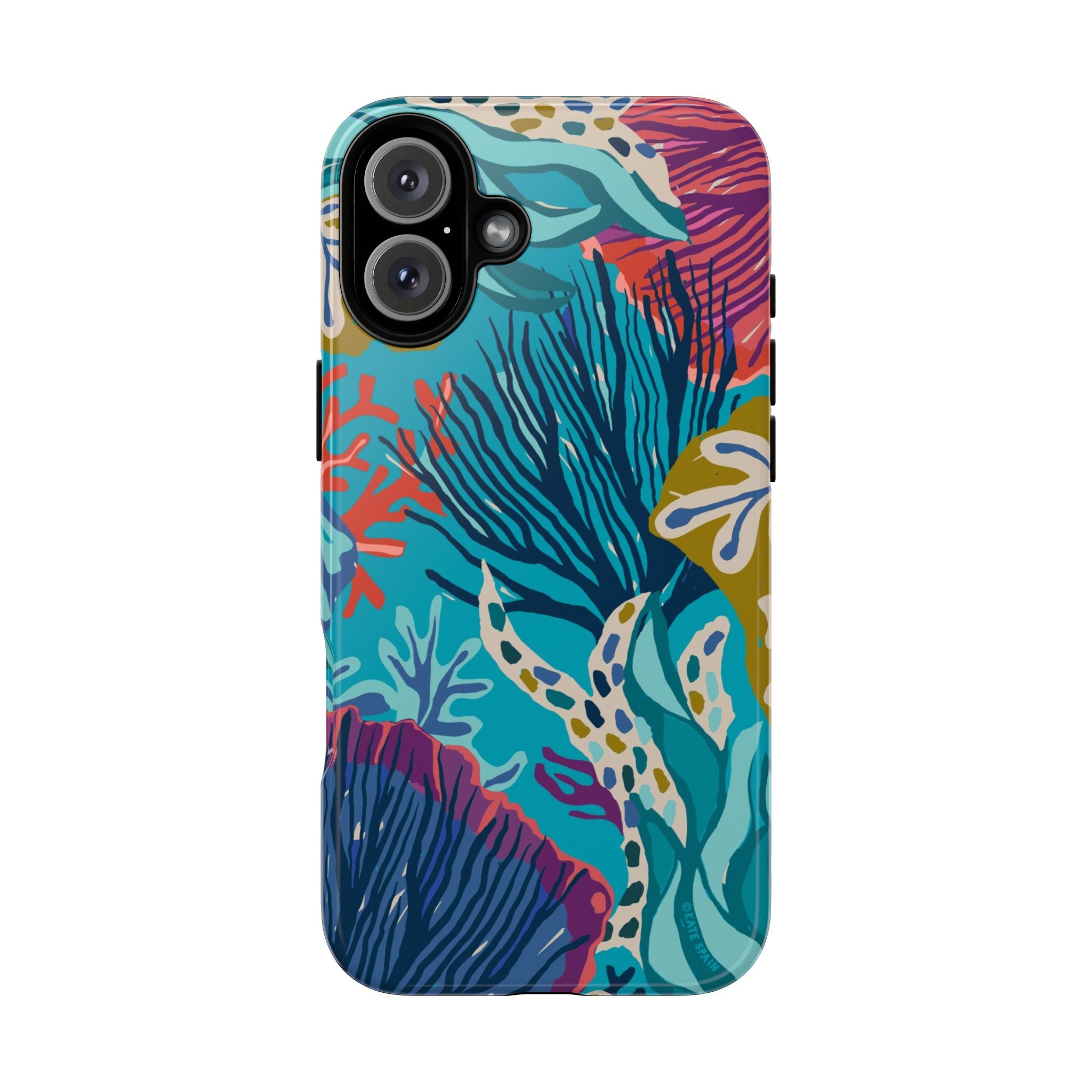 Reef Tough iPhone 16 Plus Case – Glossy | teal, coral, navy, purple botanical coral reef print