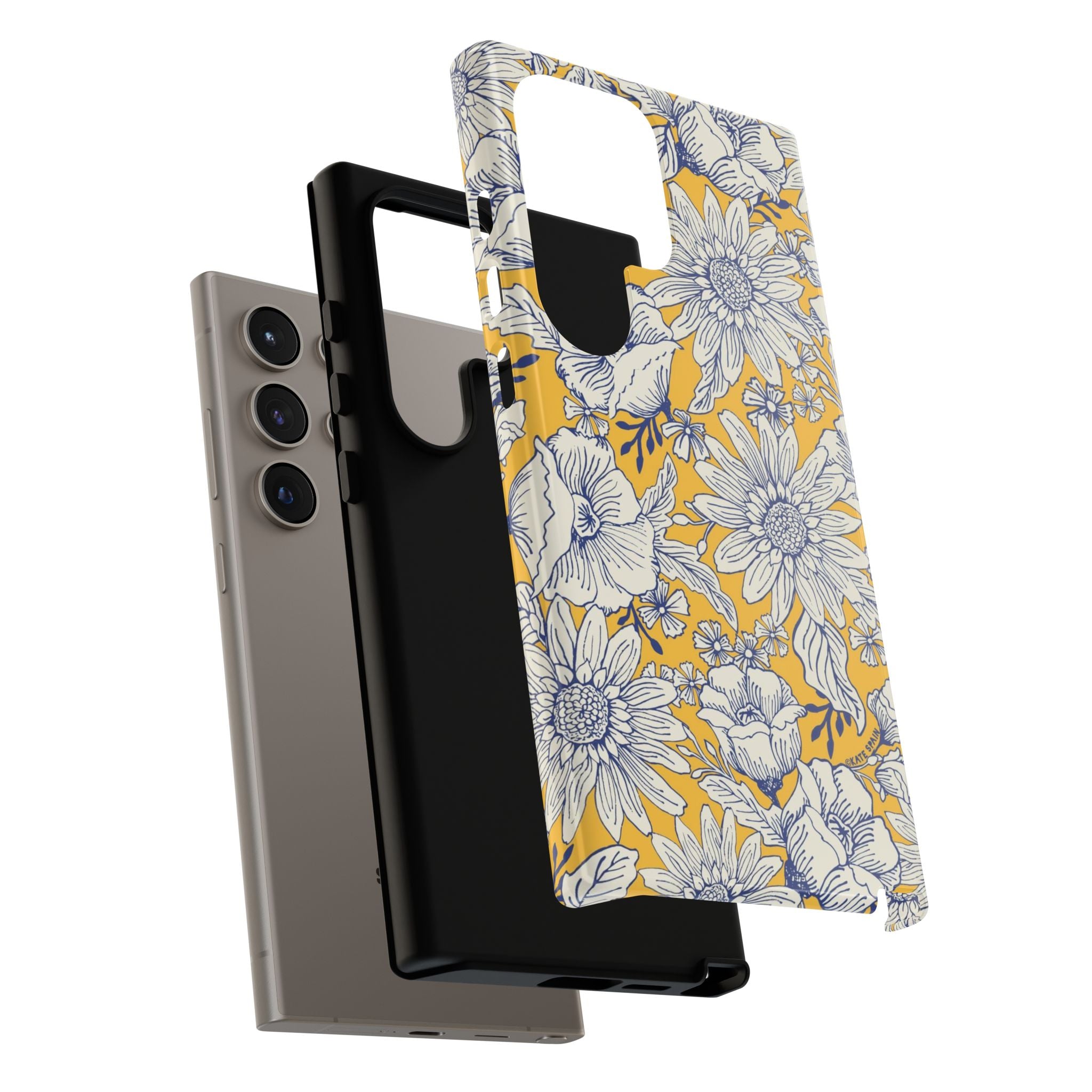Luxury Jardin Samsung Galaxy S24 Ultra Case – Matte | close-up on shock-absorbing layer construction of case in yellow, cream, blue botanical floral print