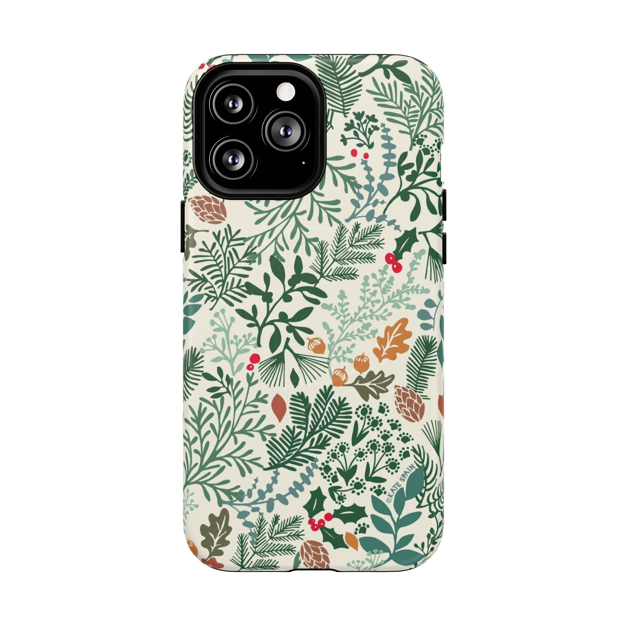 Juniper MagSafe iPhone 13 Pro Max Case – Matte | cream, forest green, sage, and rust winter botanical print with pine, holly, acorns, and pinecones