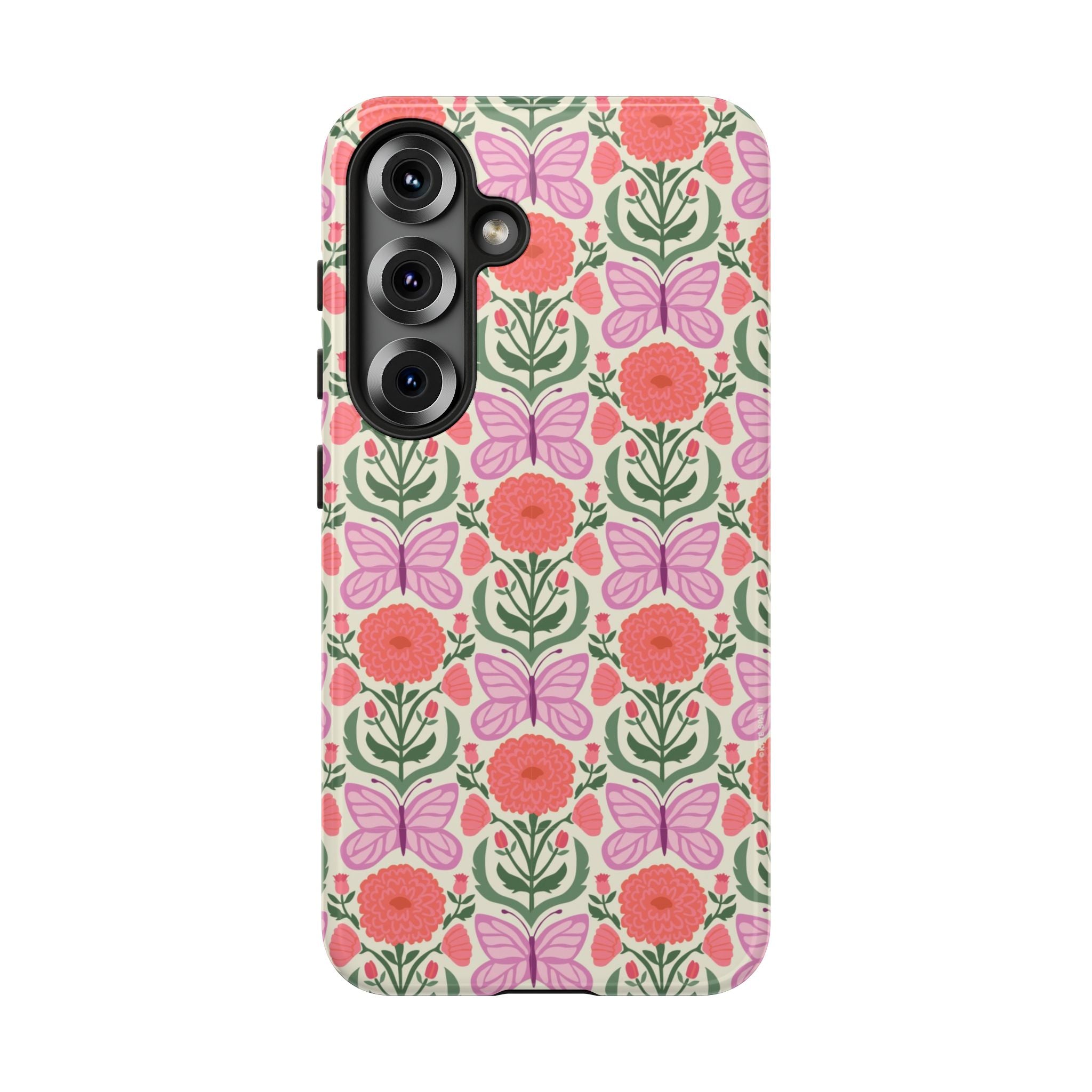 Luxury Pink Butterfly Samsung Galaxy S25 Case – Glossy | cream, coral, lavender butterfly floral print
