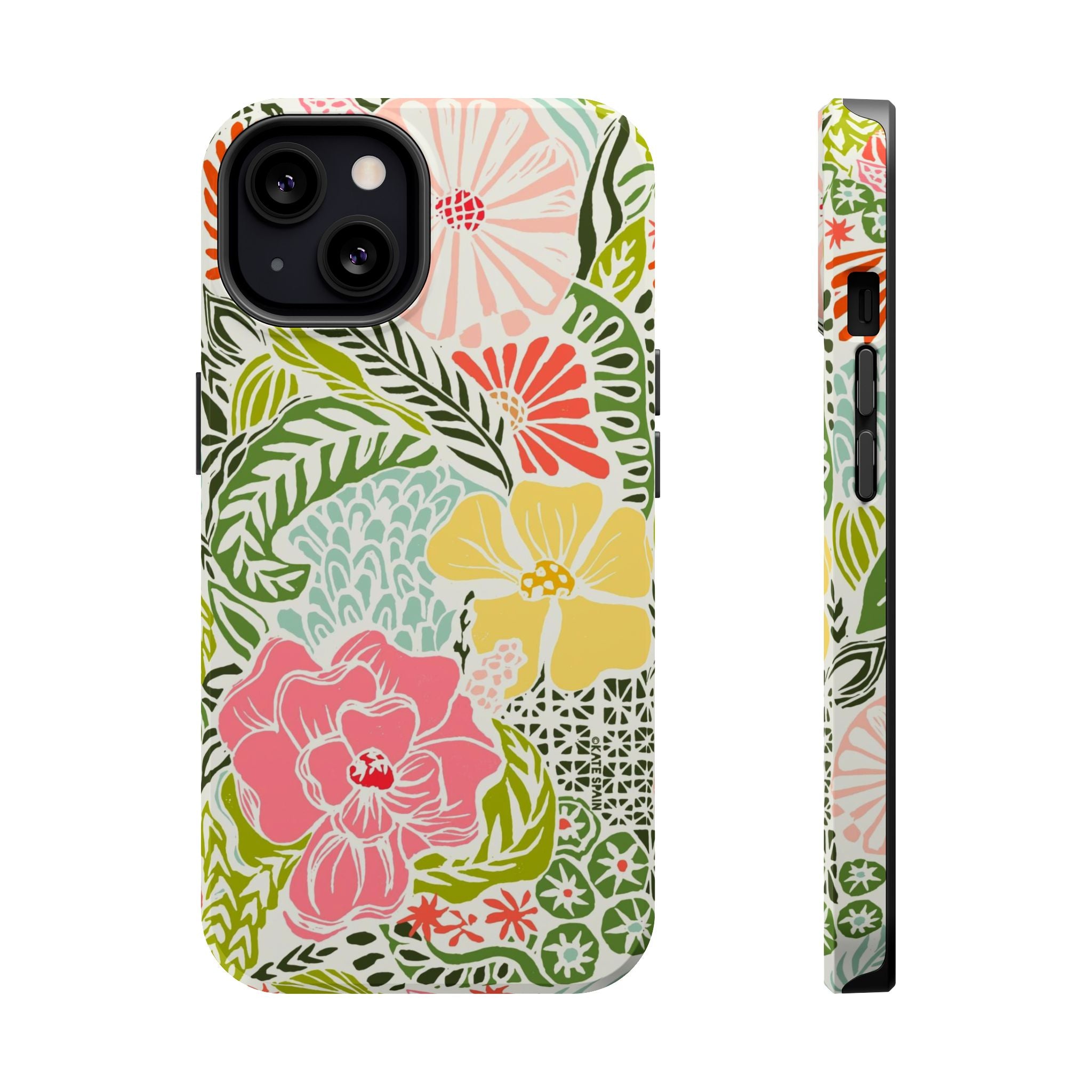 Tropica MagSafe iPhone 13 Case – Glossy | cream, pink, yellow, blue botanical floral print MagSafe compatible, dual-layer protection
