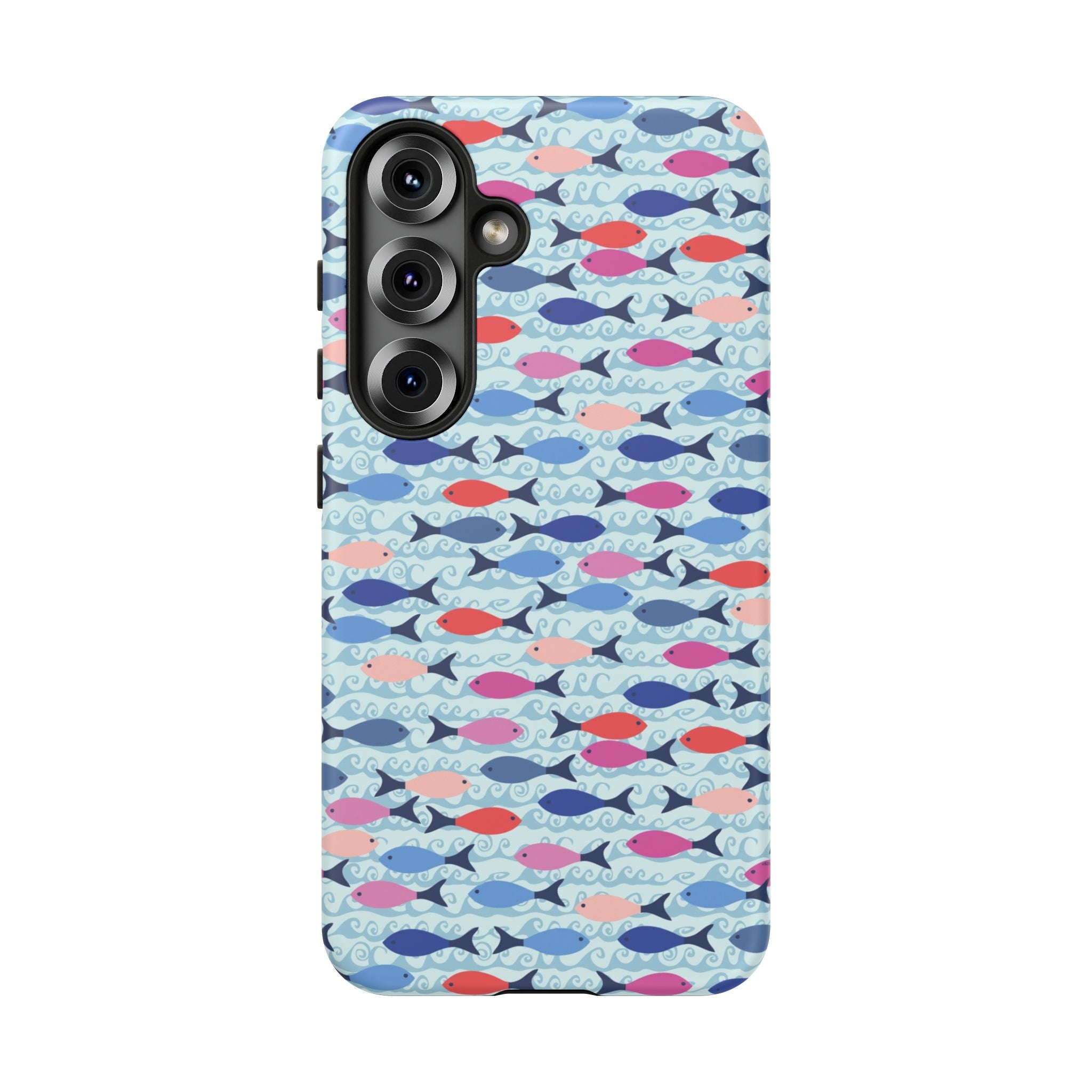 Summer Minnows Samsung Galaxy S25 Case – Matte | navy, coral, pink, and periwinkle fish on a pale aqua ground