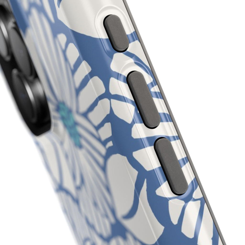 Calendula MagSafe iPhone Case – close-up detail of slate blue and cream botanical daisy print