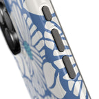Calendula MagSafe iPhone Case – close-up detail of slate blue and cream botanical daisy print