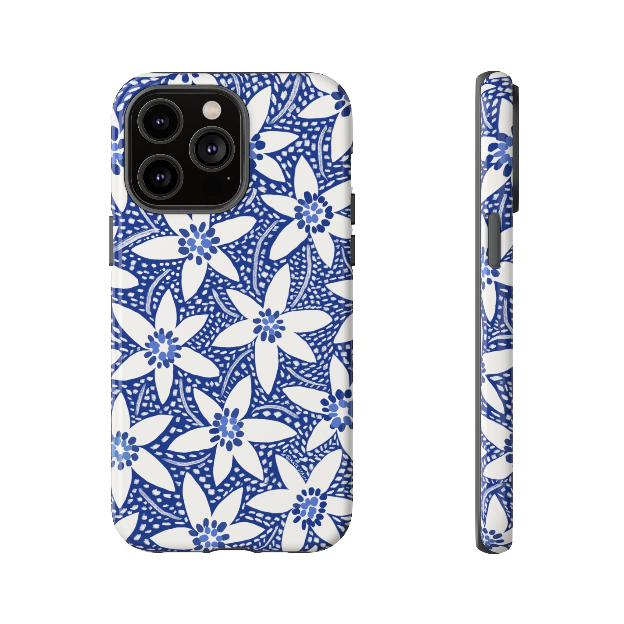 Starflower iPhone 14 Pro Max Case – Glossy | navy, white geometric starflower print