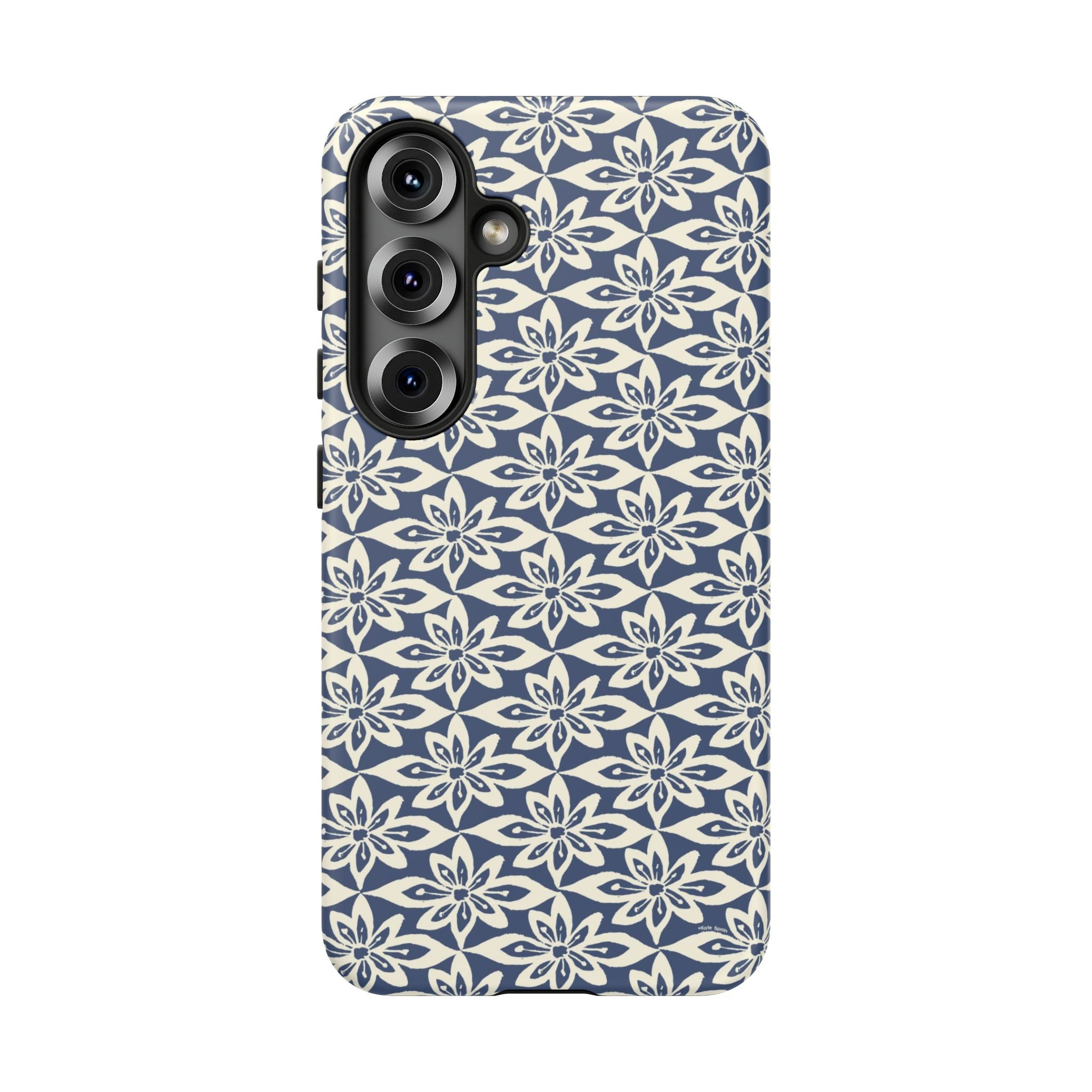 Lily Navy Blue Samsung Galaxy S25 Matte case — graphic white lily print on deep navy — botanical phone case by Kate Spain