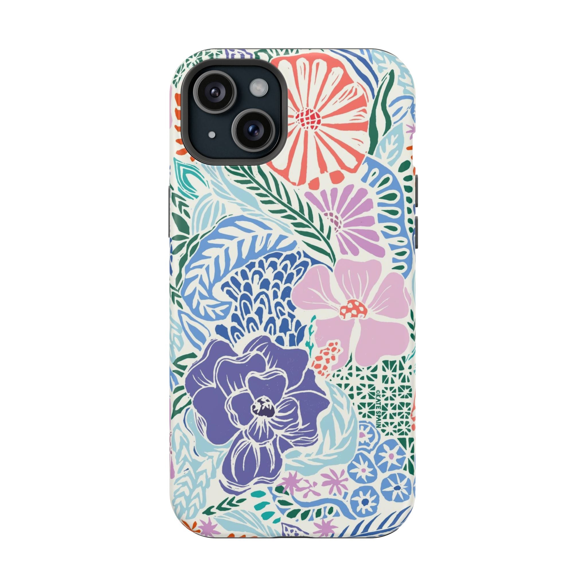 Tropica MagSafe iPhone 15 Plus Case – Matte | purple, coral, pink, blue botanical tropical floral print MagSafe compatible, dual-layer protection