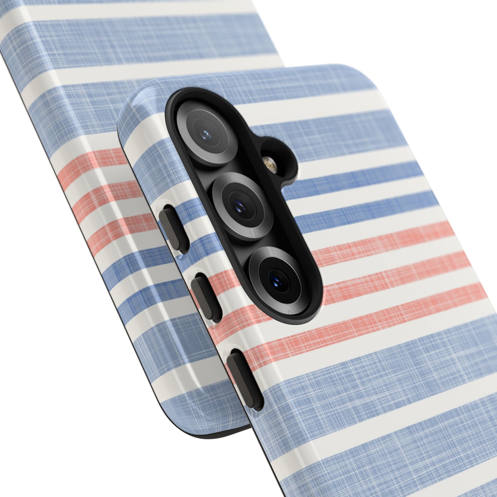 Cabana Stripe Pastel Samsung Galaxy S26 Case – side angled view closeup of camera cutout and buttons | soft blue, coral, sage green chambray-textured stripe print dual-layer protection