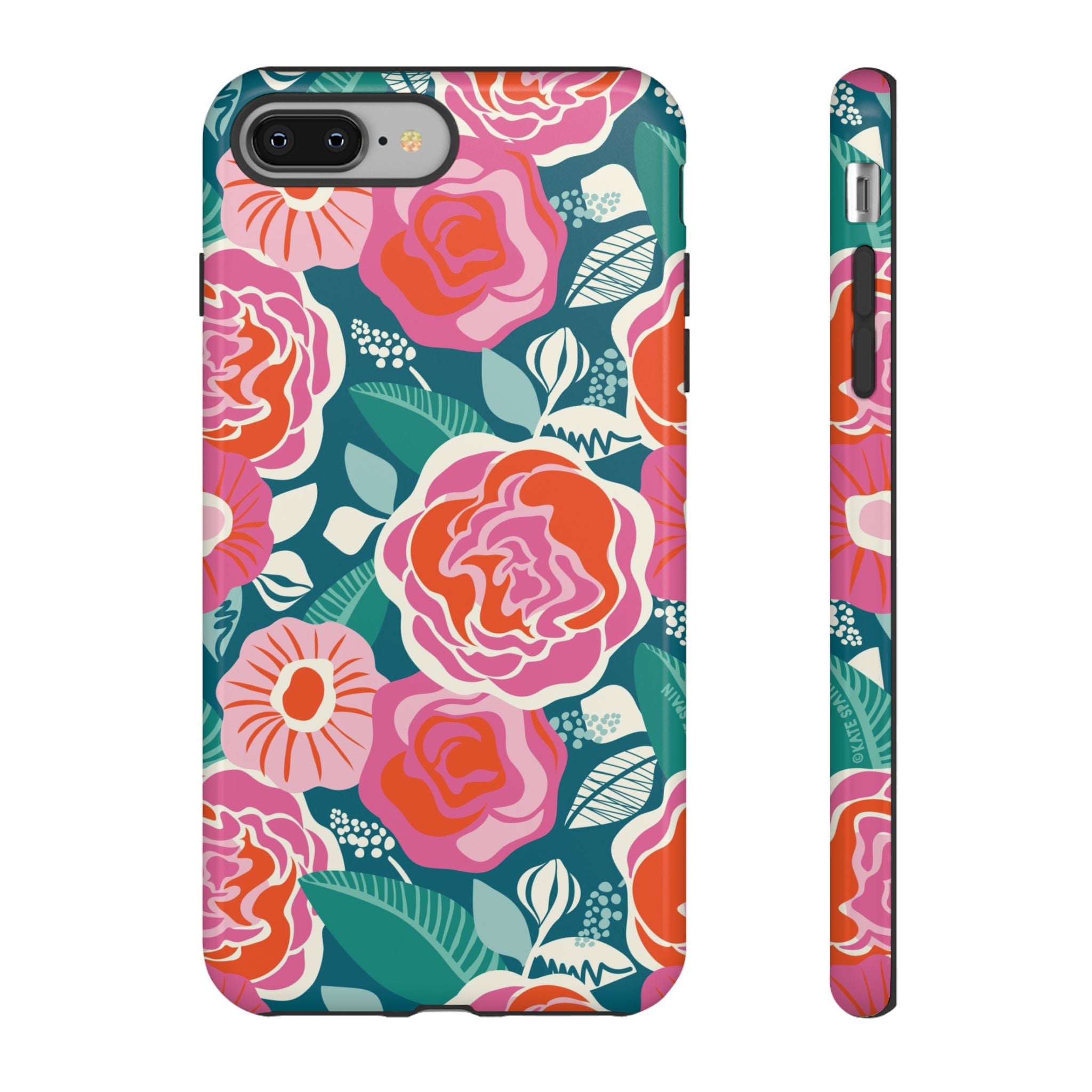 Tea Rose Teal Tough iPhone 8 Plus Case – Glossy | teal, coral, pink botanical rose floral print