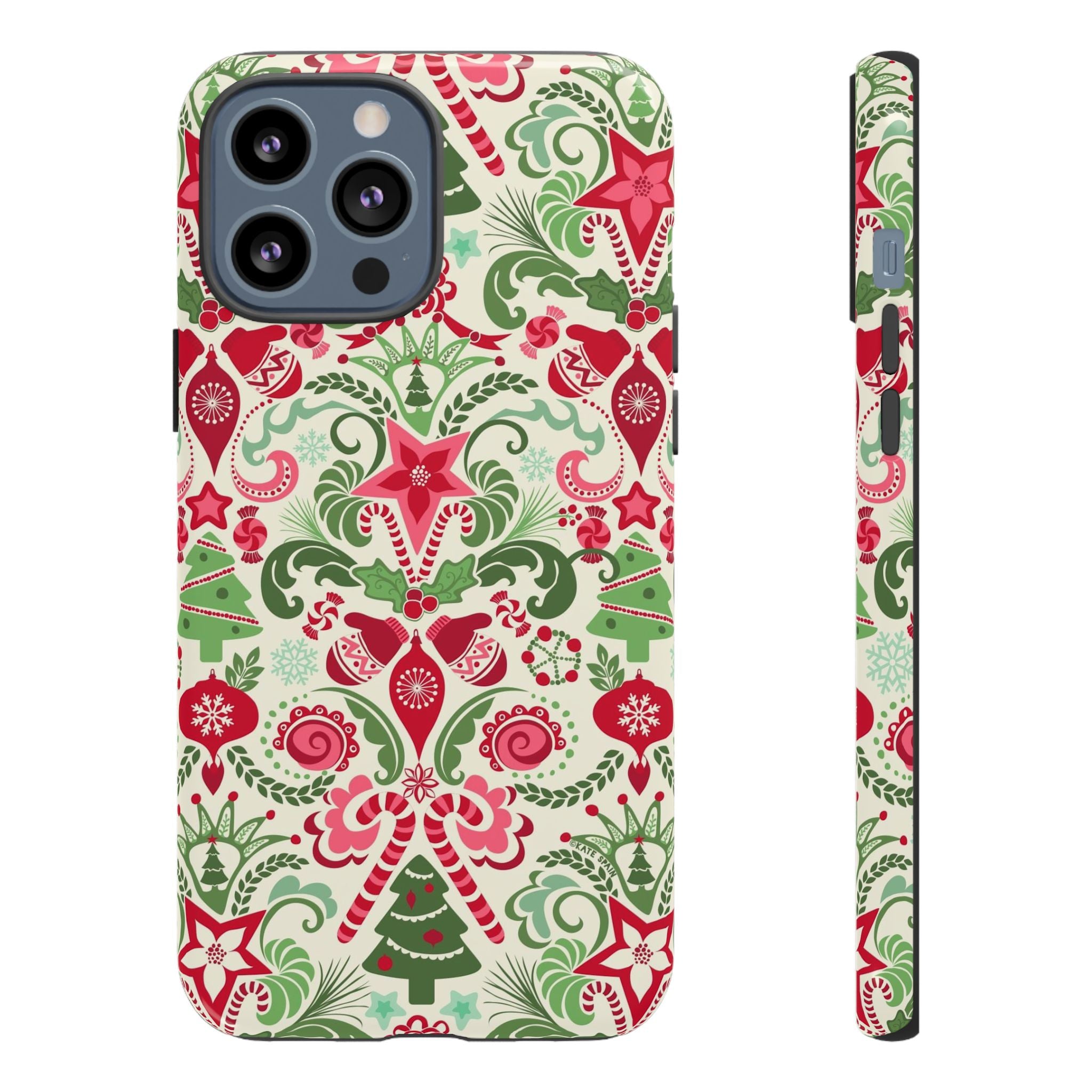 Wonderland Tough iPhone 13 Pro Max Case – Glossy | cream, red, green Christmas ornament damask print