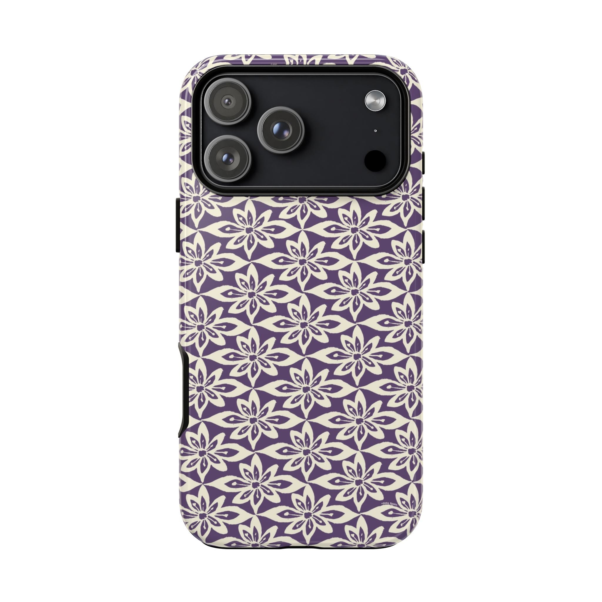Lily Plum iPhone 17 Pro Case – Glossy | graphic white lily print on rich violet — botanical phone case by Kate Spain