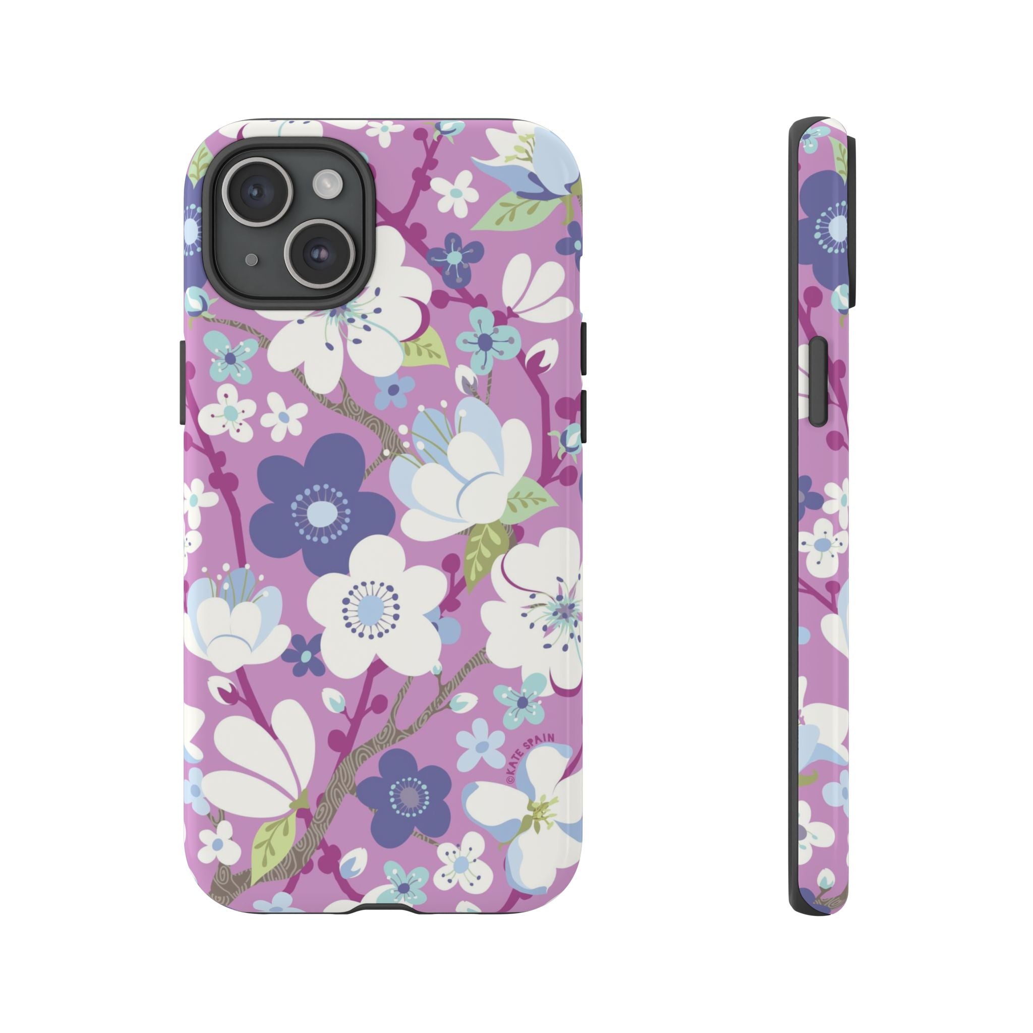 Luxury Cherry Blossom Tough iPhone 15 Plus Case – Glossy | mauve, purple, blue, white cherry blossom print