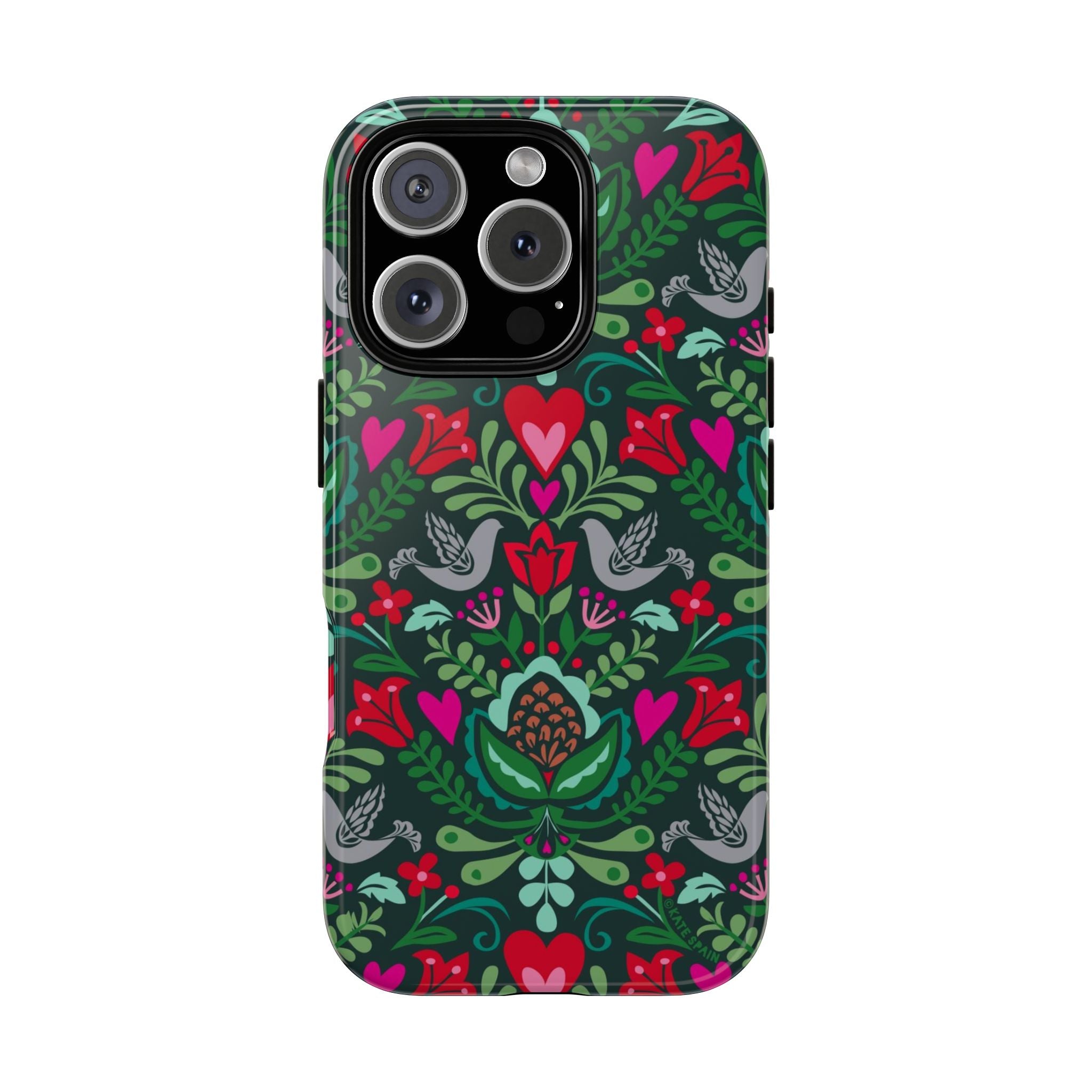 Rosemaling Tough iPhone 16 Pro Max Case – Glossy | dark green, red, pink, gray folk art floral bird print