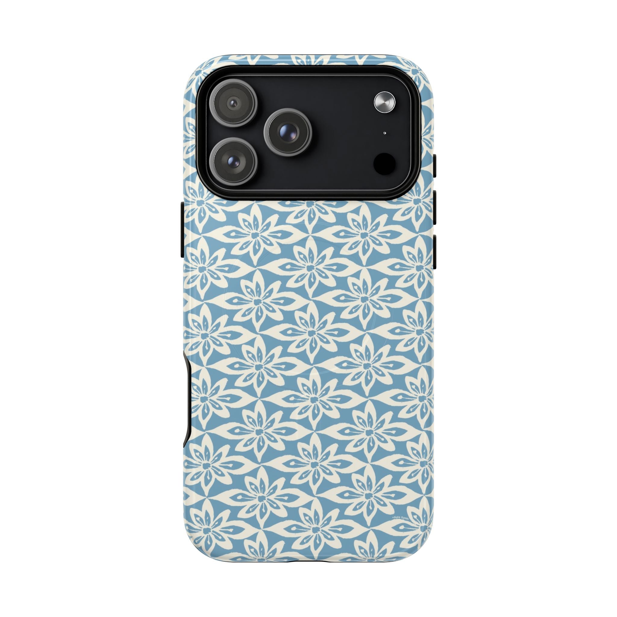 Lily Blue MagSafe iPhone 17 Pro Max Glossy case — geometric white lily print on dusty blue by Kate Spain