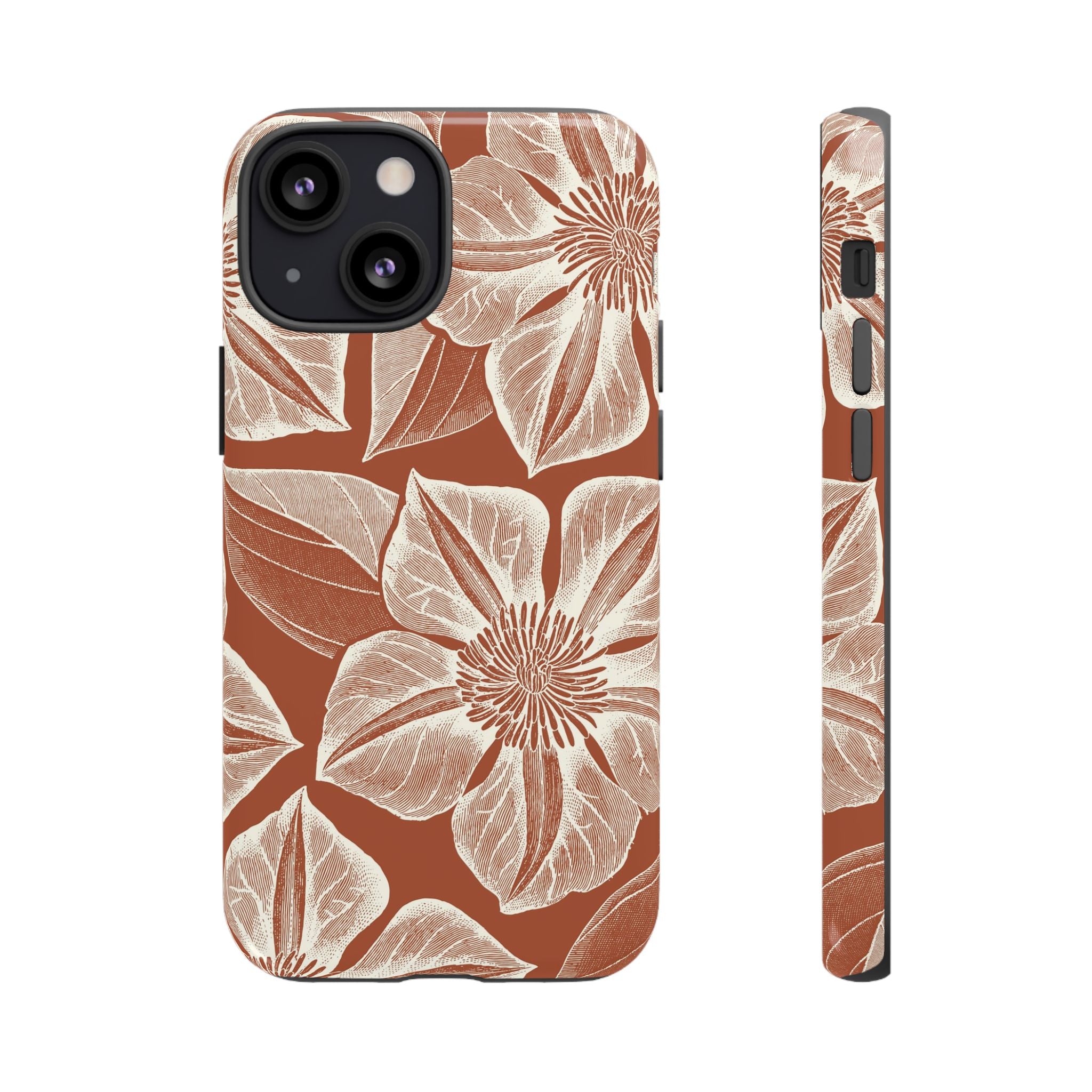 Vintage Bloom Sienna iPhone 13 Mini case – Glossy | sienna ground, large-scale cream clematis print, engraved petal detail, dual-layer protection