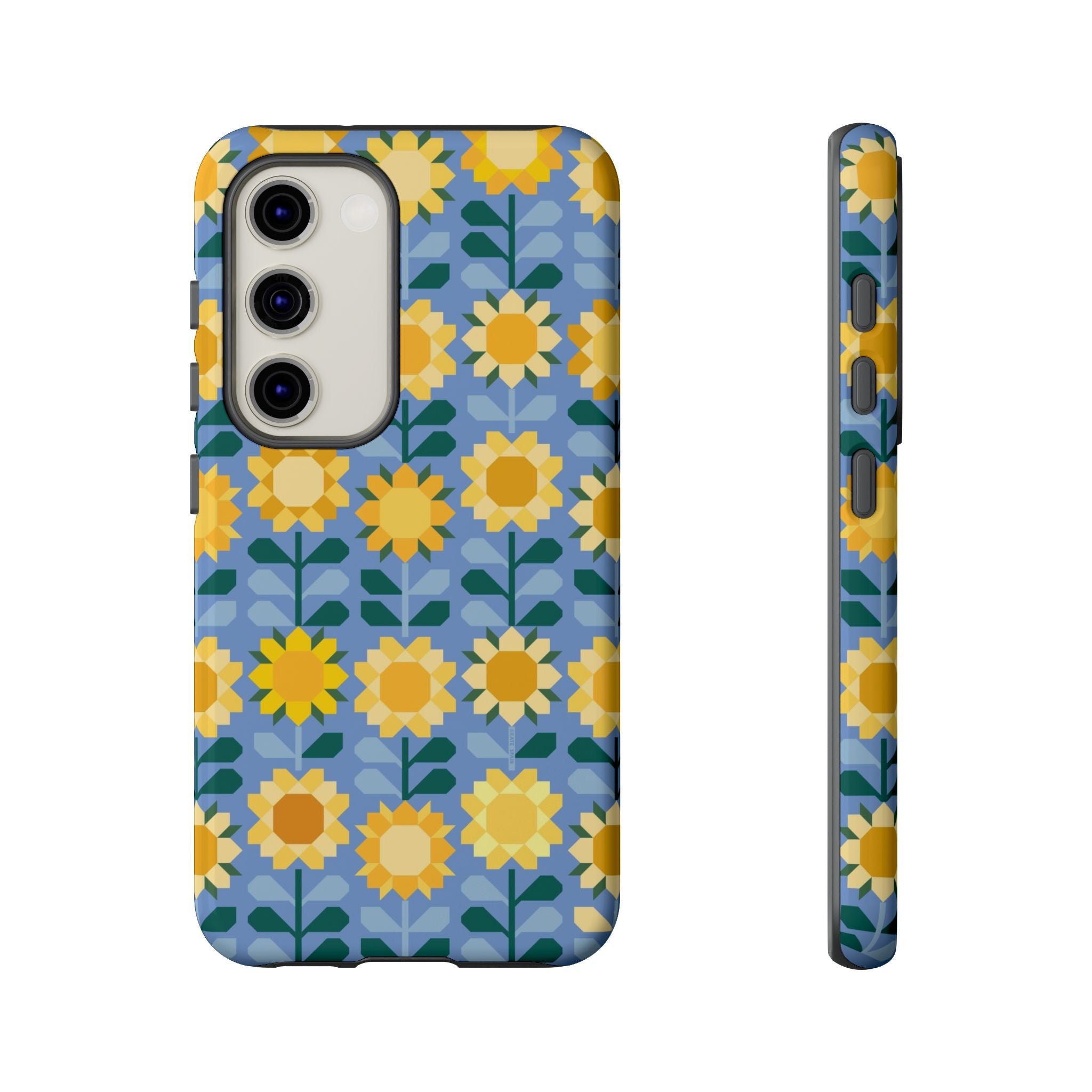 Luxury Sunflowers Samsung Galaxy S23 Case – Glossy | blue, yellow, gold geometric sunflower print 