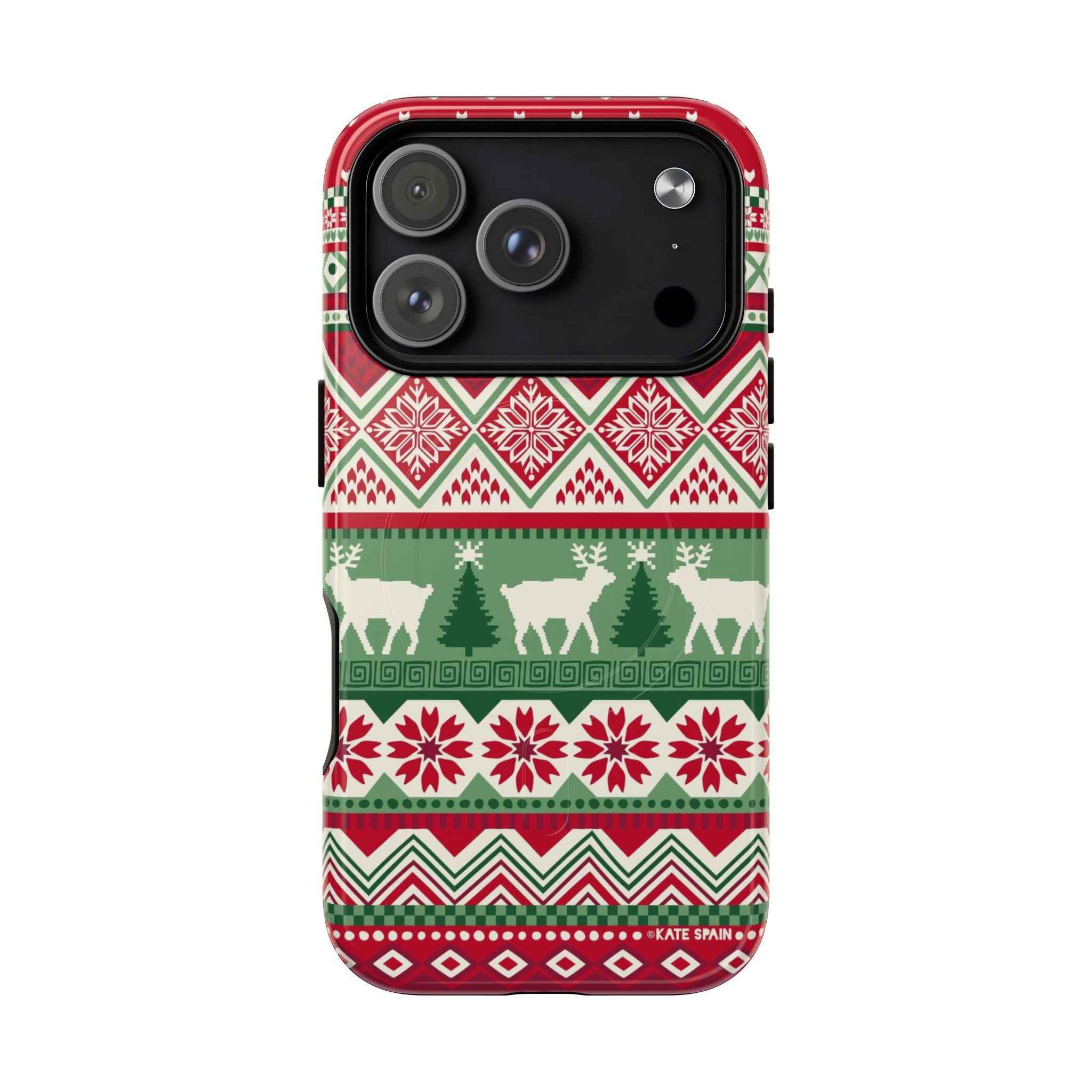 Telemark MagSafe iPhone 17 Pro Case – Glossy | red, green, and cream fair isle Christmas sweater print with snowflakes, reindeer, and trees
