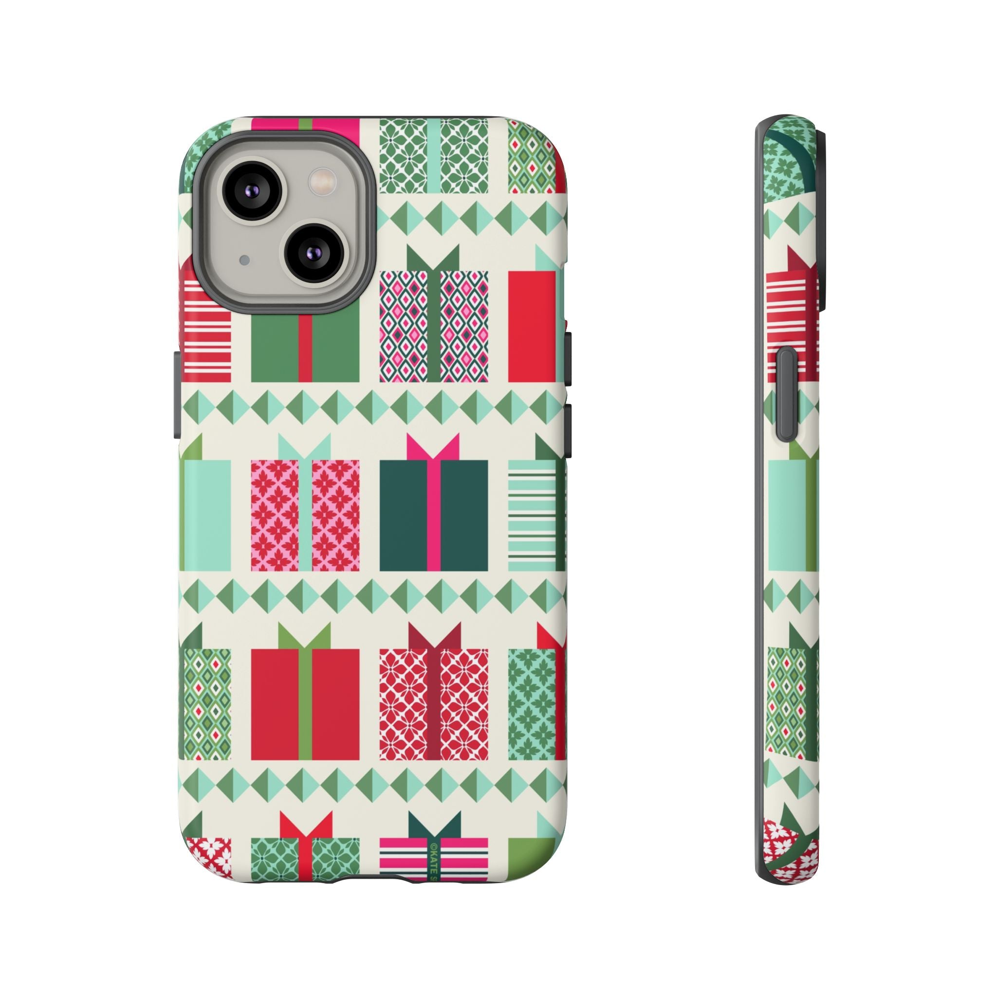 All Wrapped Up Tough iPhone 14 Case – Matte | cream, red, pink, green, mint geometric gift wrap holiday print