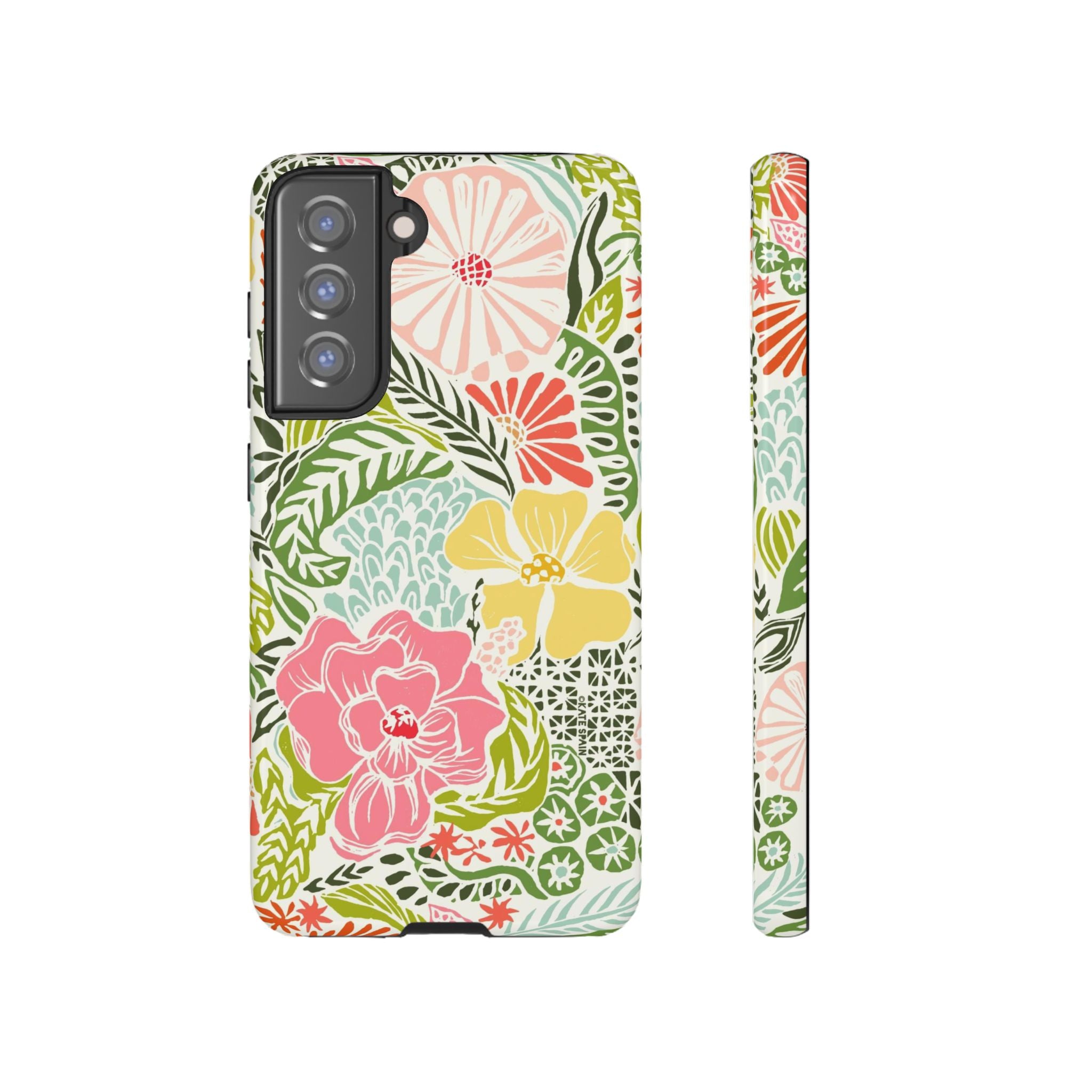 Cute Tropica Samsung Galaxy S21 FE Case – Glossy | cream, pink, yellow, blue botanical floral print