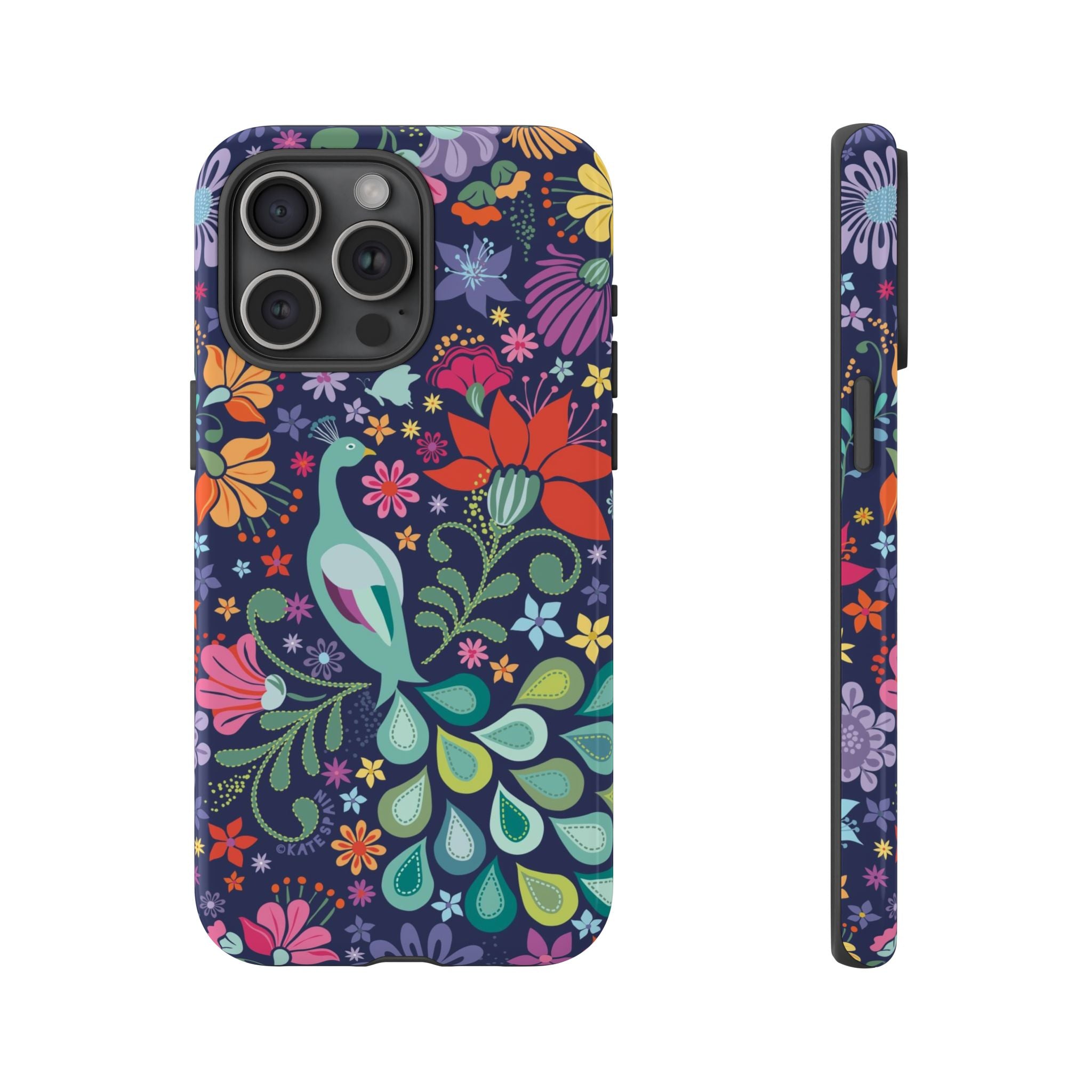 Peacock Sanctuary Tough iPhone 15 Pro Max Case – Glossy | navy, teal, coral multicolor vibrant peacock feather botanical print
