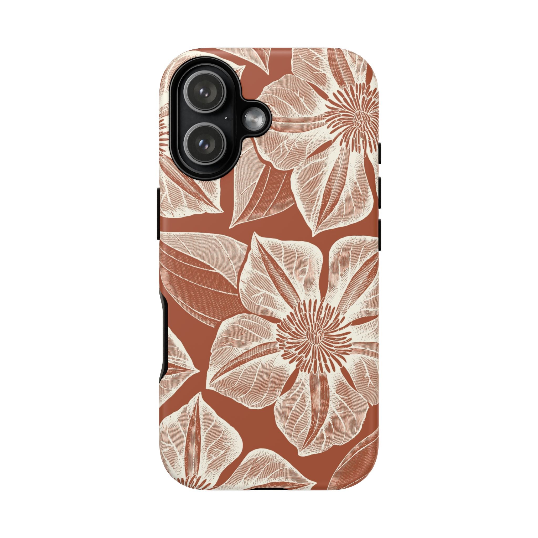 Vintage Bloom Sienna iPhone 17 case – Matte | sienna ground, large-scale cream clematis print, engraved petal detail, dual-layer protection