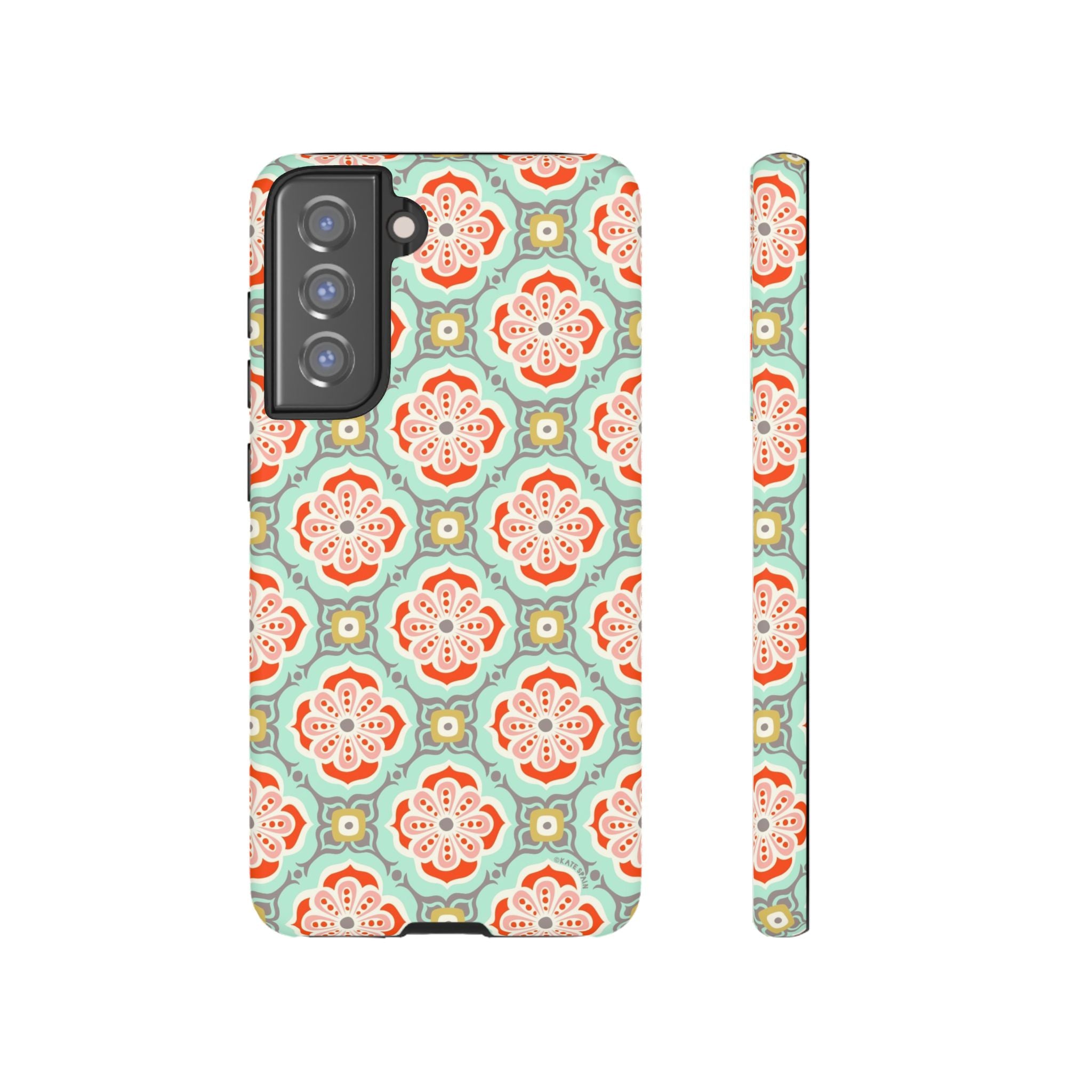 Luxury Alhambra Samsung Galaxy S21 FE Case – Matte | light turquoise, coral, cream geometric medallion tile print