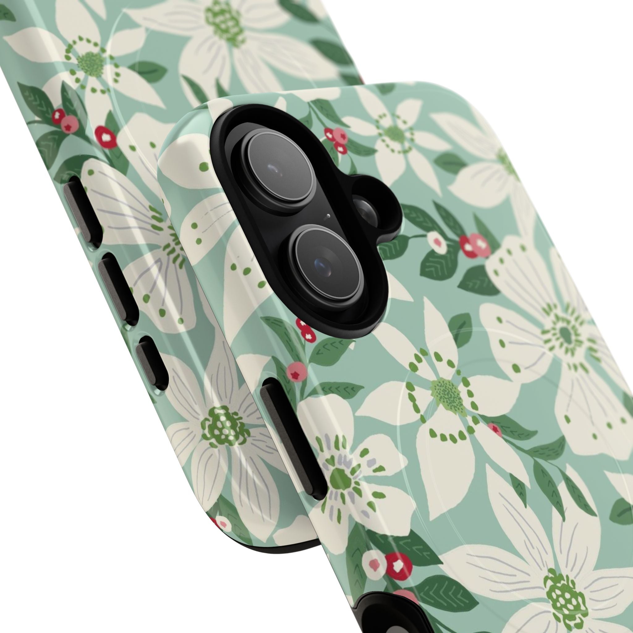 Gardenia MagSafe iPhone 17 Case – Glossy | light blue, white, green, red gardenia botanical print | angled view closeup of camera cutout and buttons