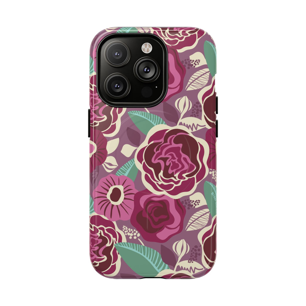 Luxury Tea Rose Burgundy MagSafe iPhone 14 Pro Case – Glossy | burgundy, magenta, plum botanical rose floral print