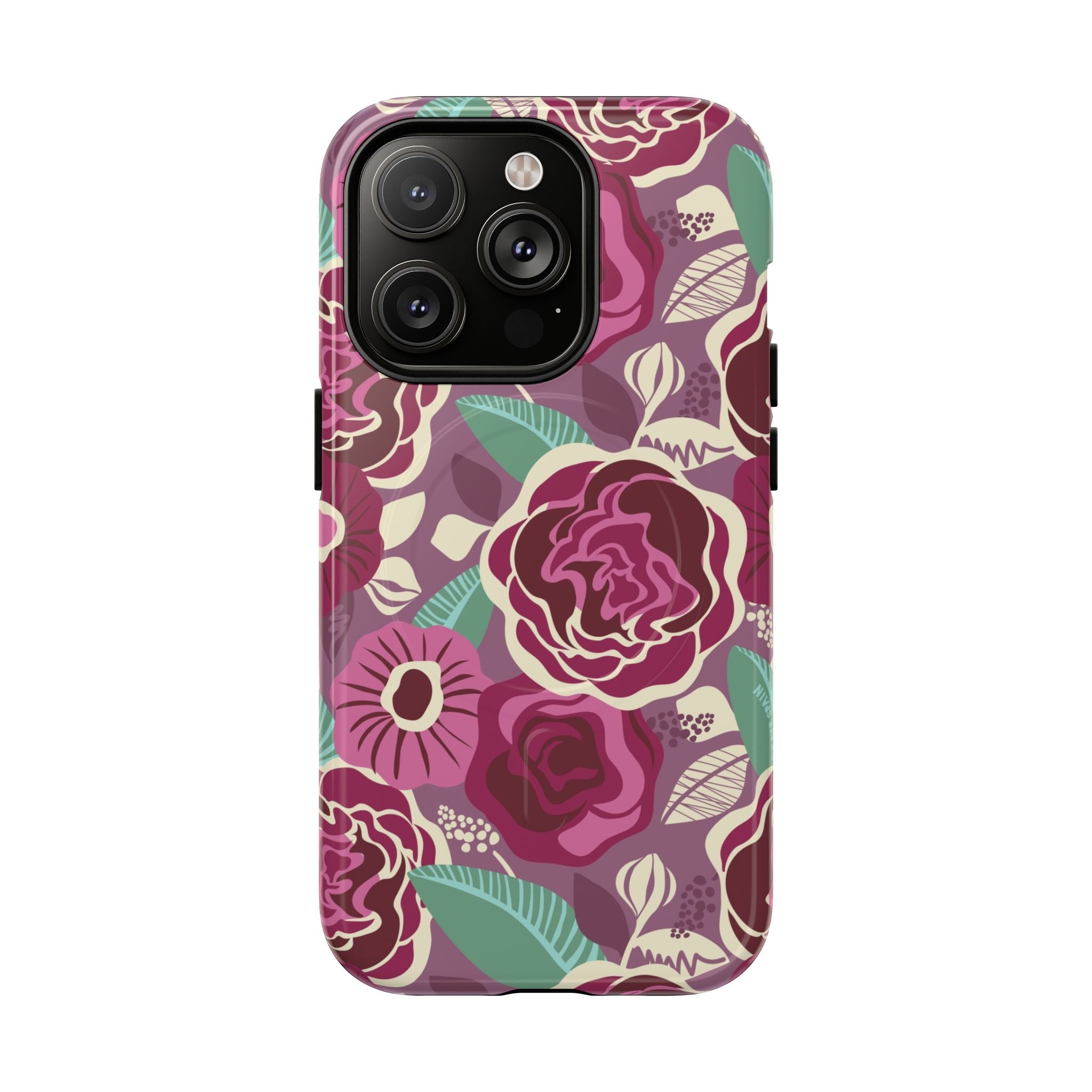 Luxury Tea Rose Burgundy MagSafe iPhone 14 Pro Case – Glossy | burgundy, magenta, plum botanical rose floral print