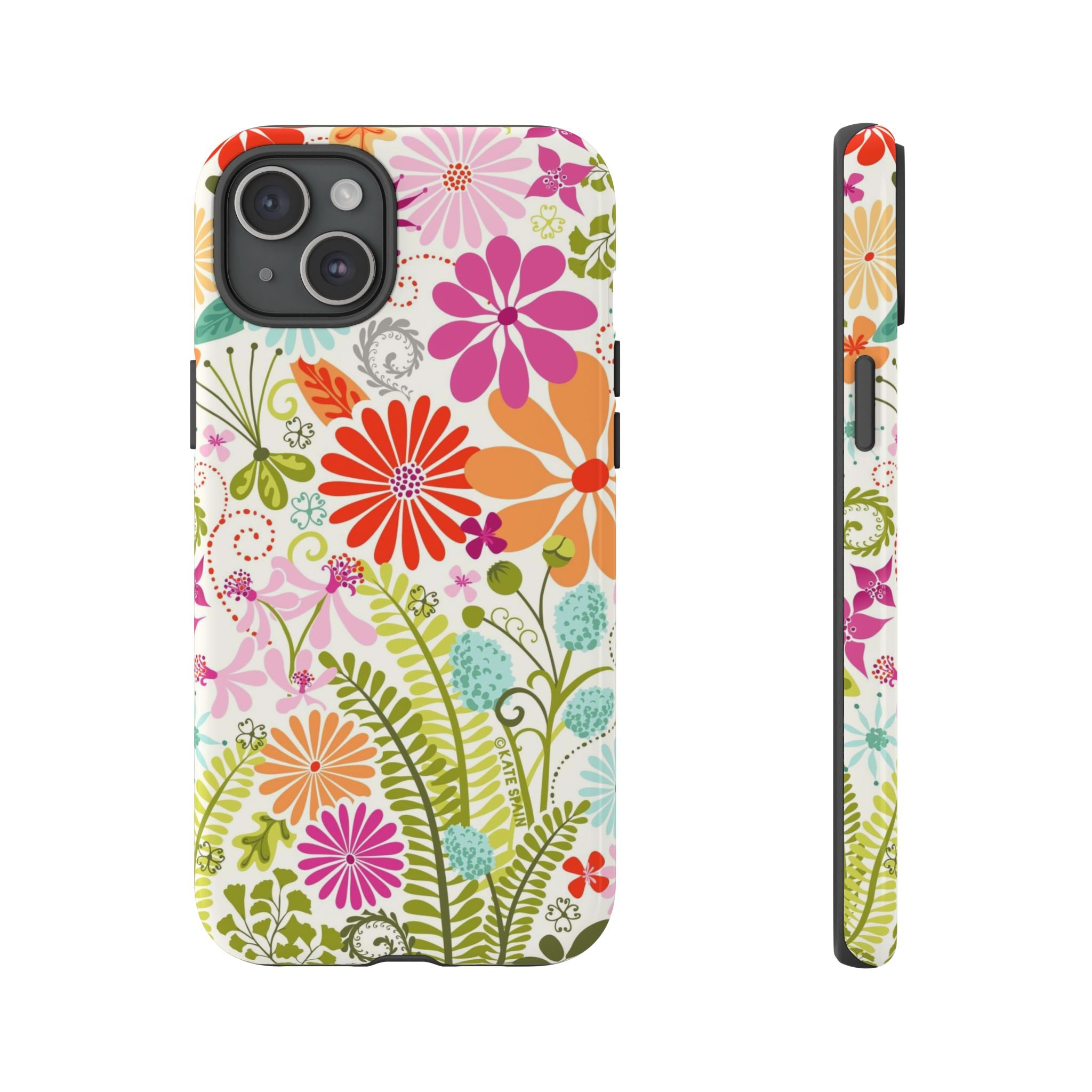 Luxury Terrain Tough iPhone 15 Plus Case – Glossy | white, magenta, coral botanical woodland floral print