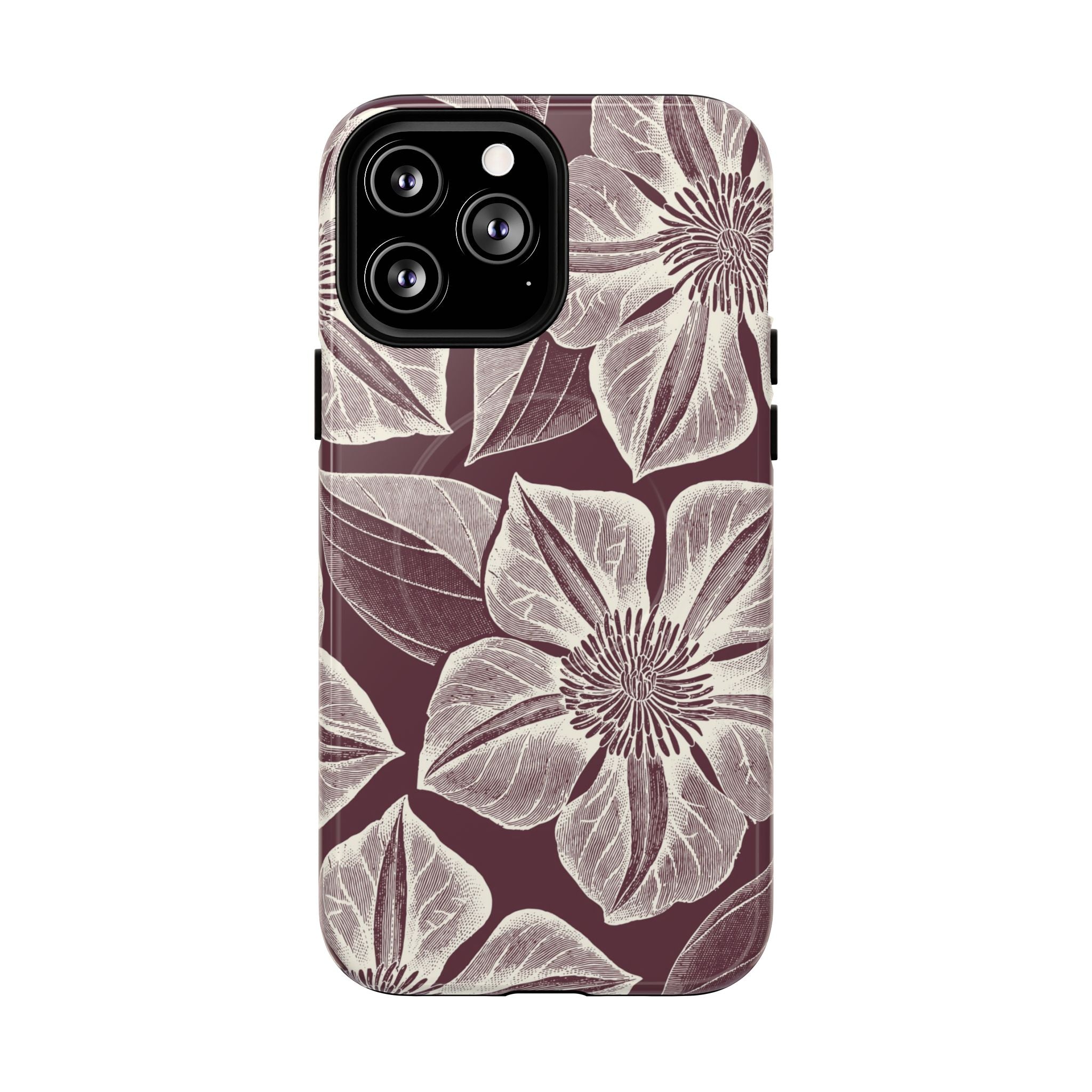 Vintage Bloom Burgundy MagSafe iPhone 13 Pro Max Case – Glossy | burgundy ground, large-scale cream clematis print, engraved petal detail, dual-layer protection