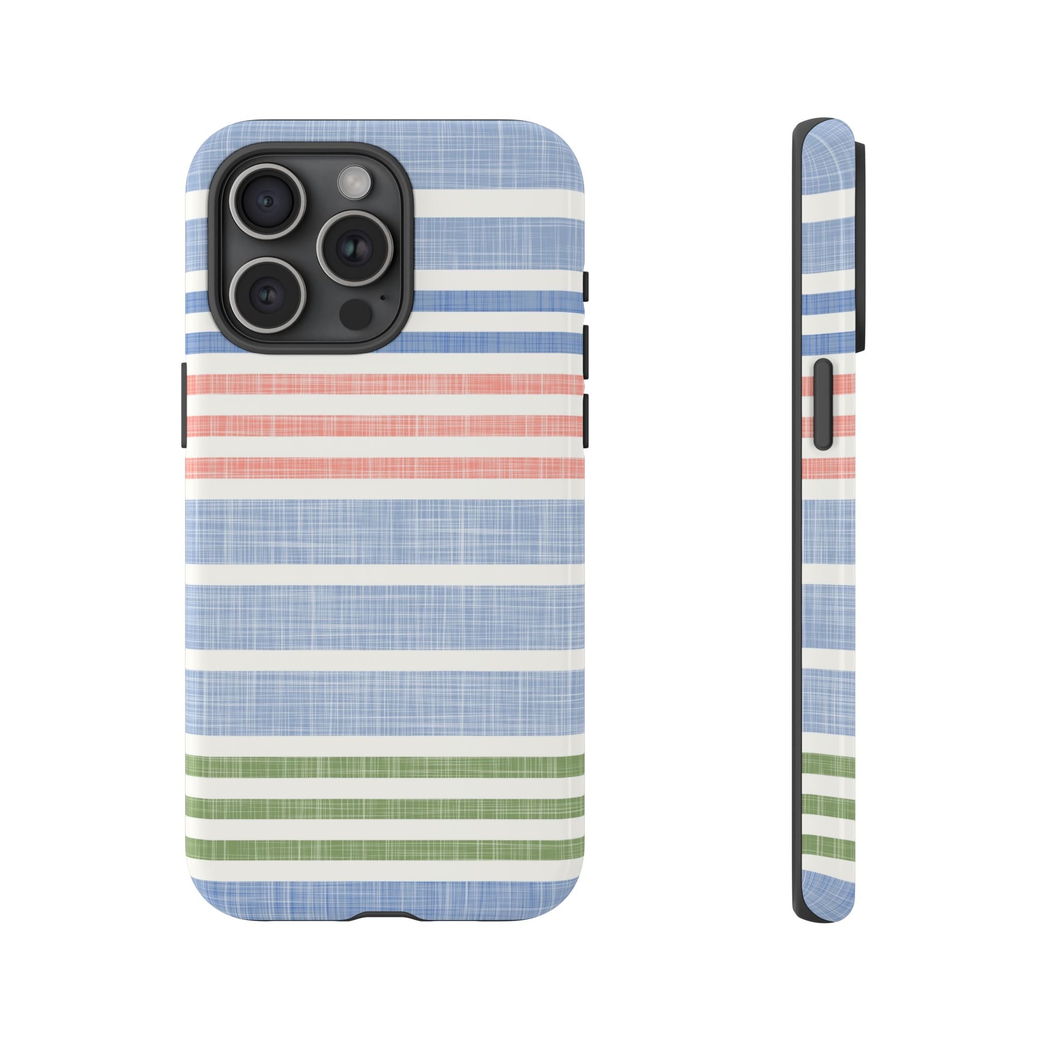 Cabana Stripe Pastel Tough iPhone 15 Pro Max Case – Glossy | soft blue, coral, sage green chambray-textured stripe print dual-layer protection