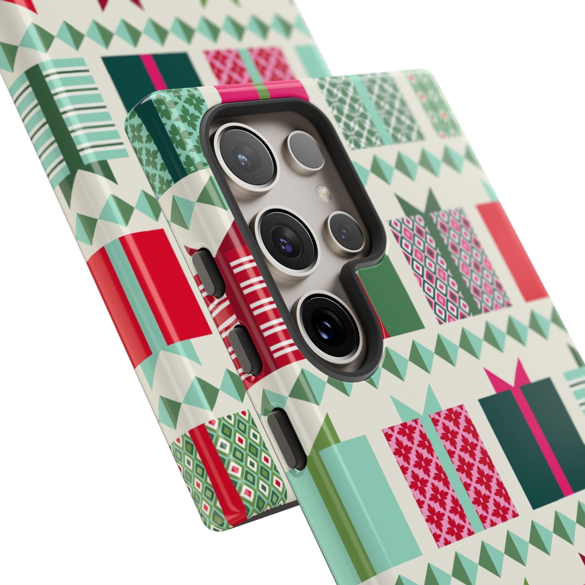 All Wrapped Up Samsung S24 Ultra Case – detail view of camera | cream, red, pink, green, mint geometric gift wrap holiday print