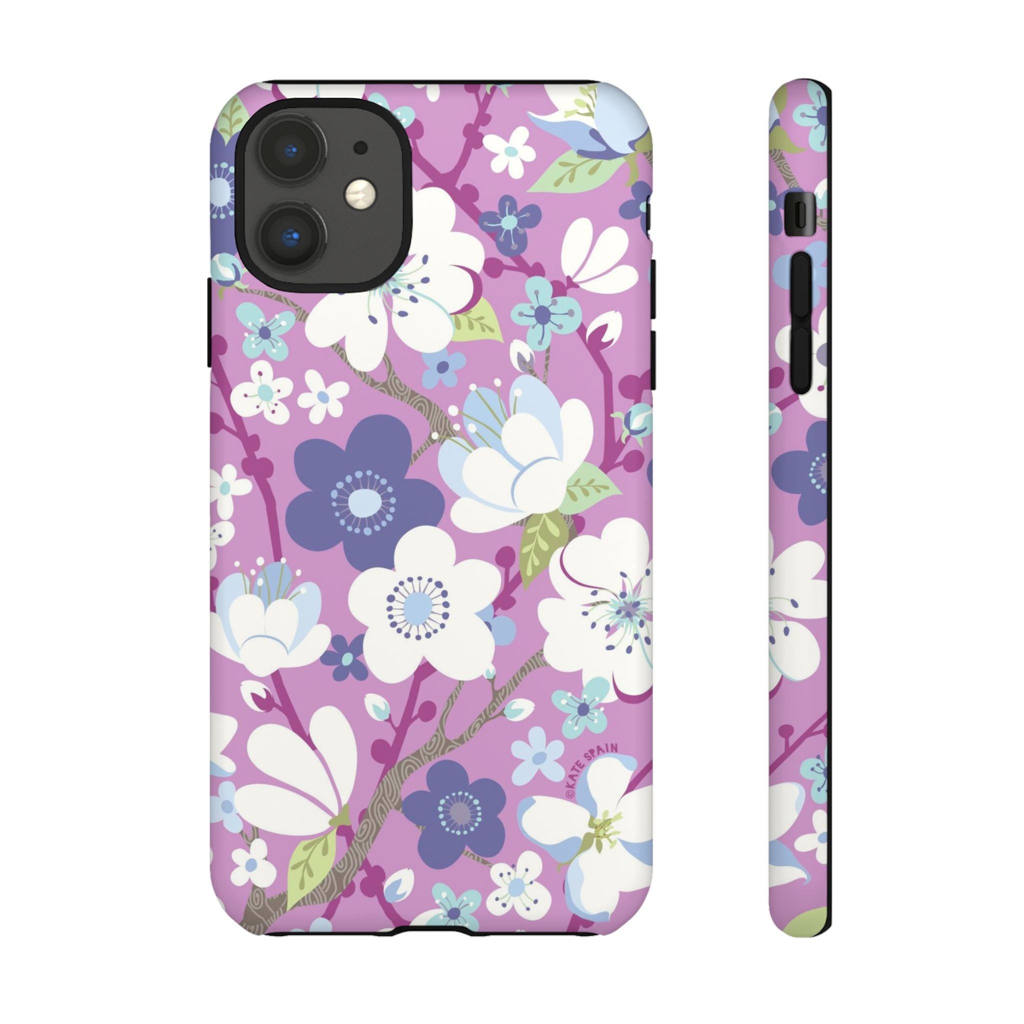 Luxury Cherry Blossom Tough iPhone 11 Case – Matte | mauve, purple, blue, white cherry blossom print