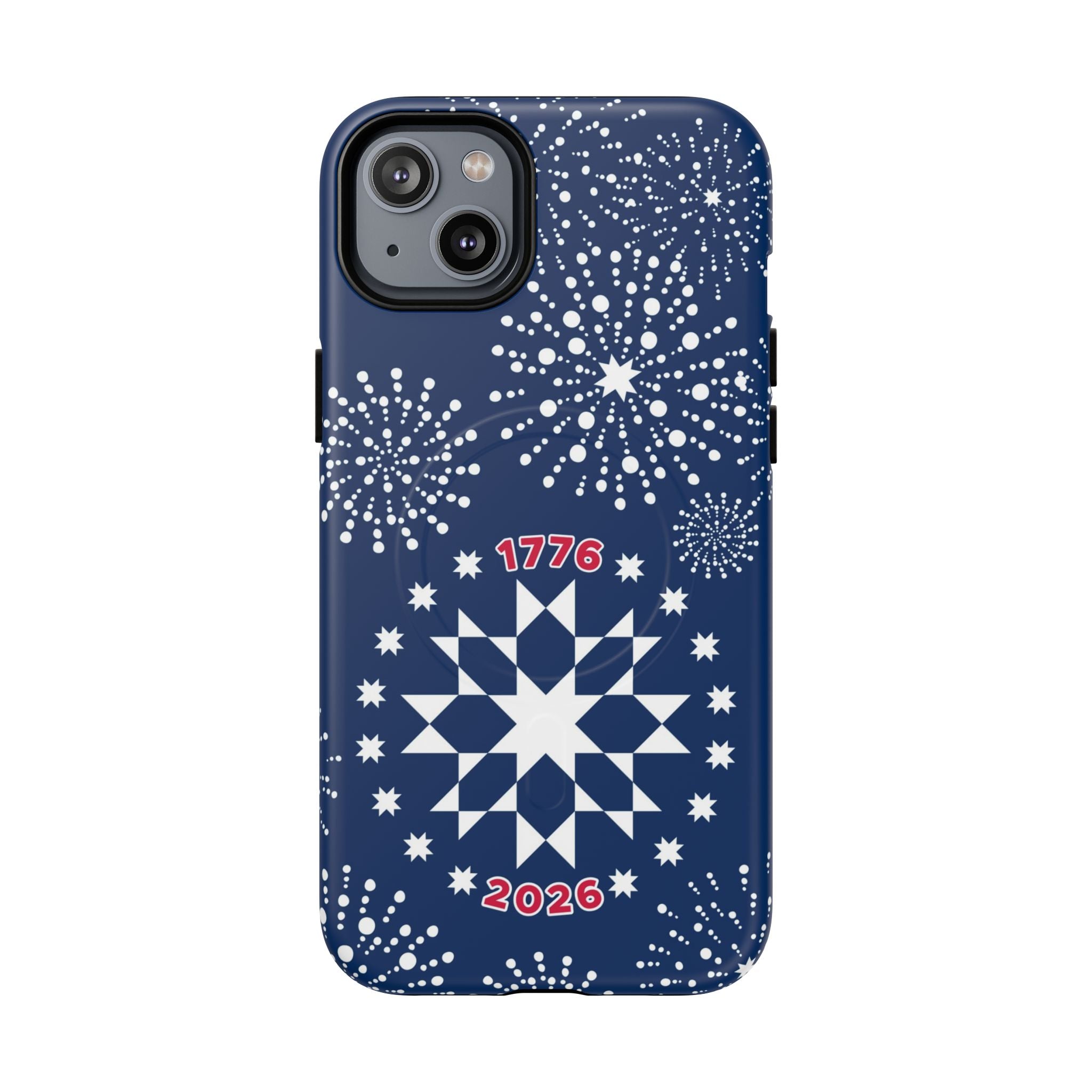 250th Fireworks MagSafe iPhone 14 Plus Case – Matte | navy, white patriotic star quilt fireworks print