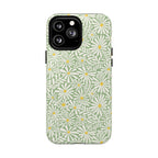 Montauk Daisy Meadow Green MagSafe iPhone 13 Pro Max Case – Glossy | sage green, white graphic daisy and fern print, golden yellow centers MagSafe compatible, dual-layer protection