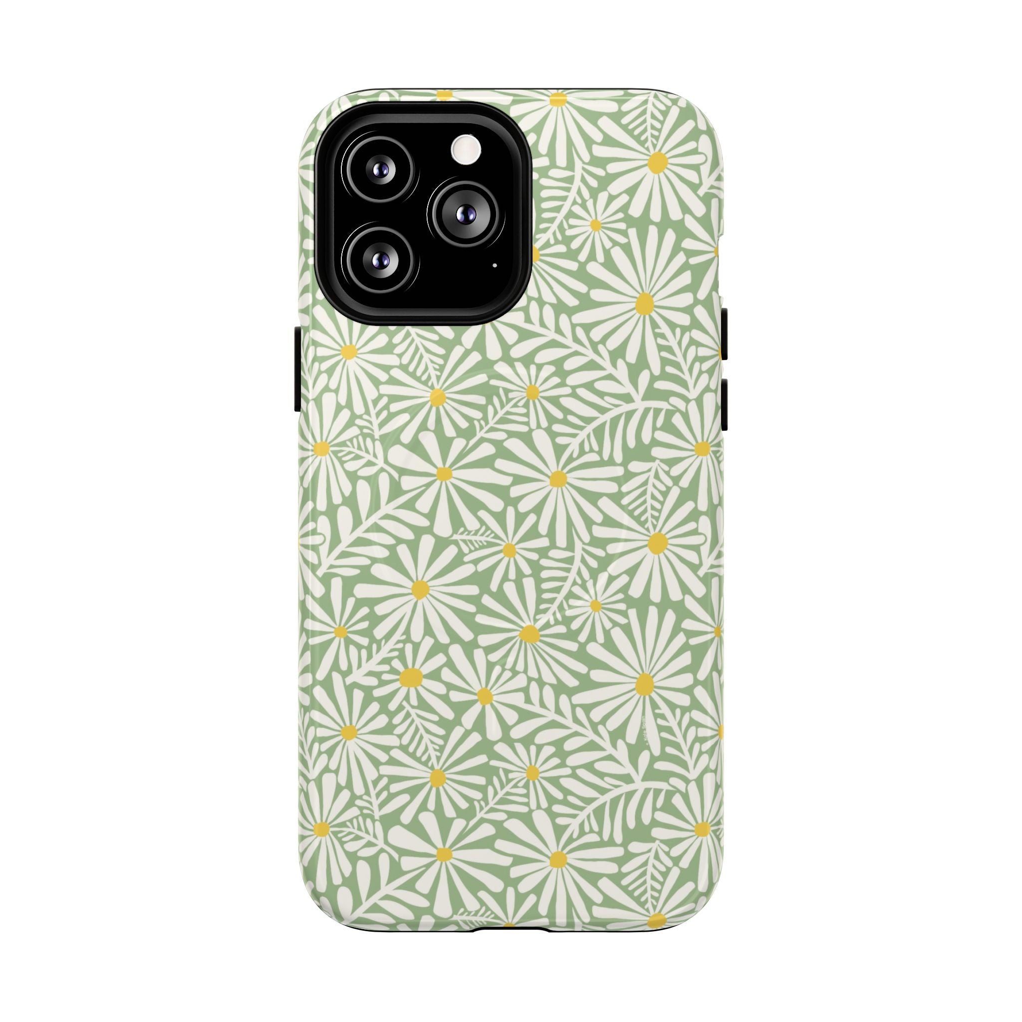 Montauk Daisy Meadow Green MagSafe iPhone 13 Pro Max Case – Glossy | sage green, white graphic daisy and fern print, golden yellow centers MagSafe compatible, dual-layer protection