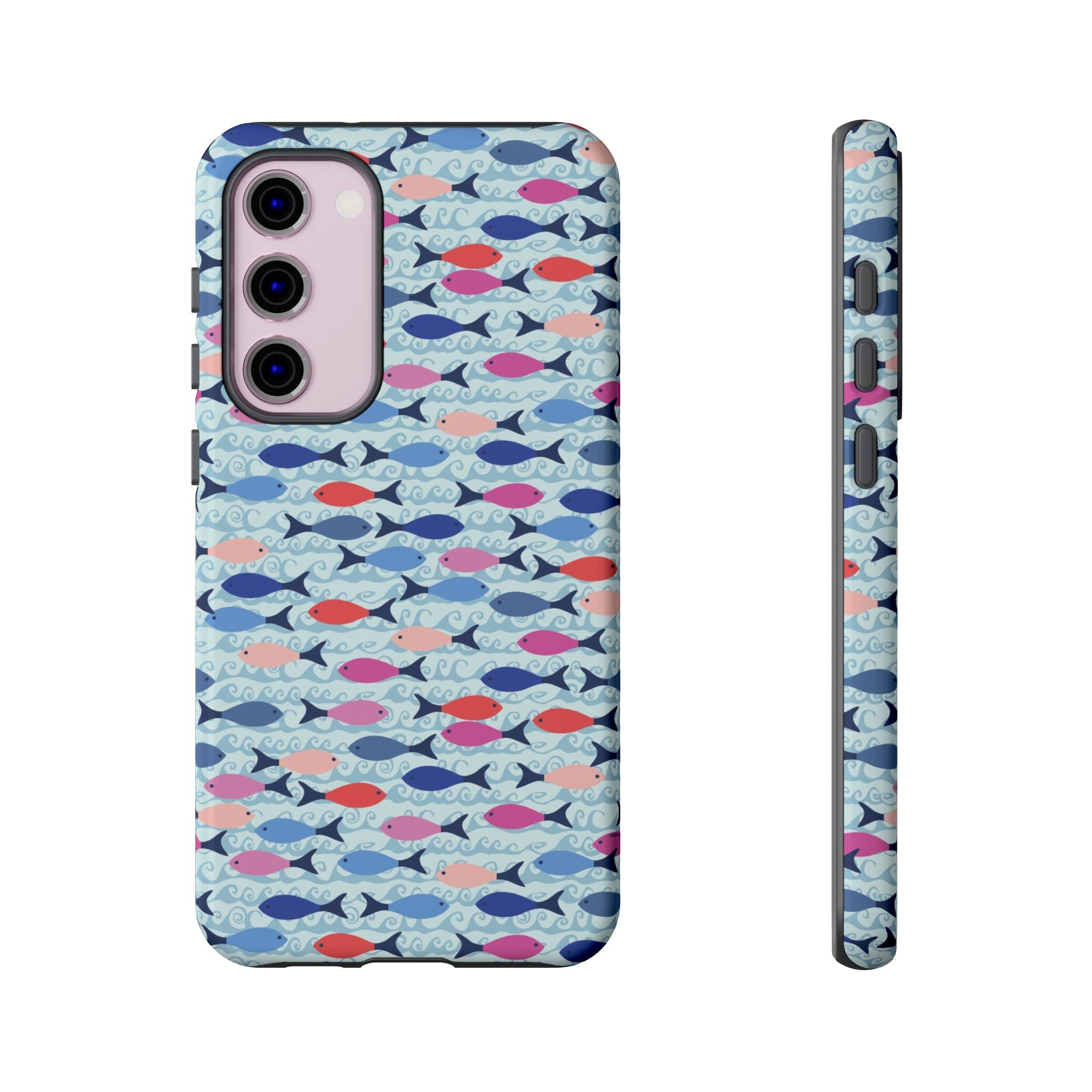 Summer Minnows Samsung Galaxy S23 Plus Case – Glossy | navy, coral, pink, and periwinkle fish on a pale aqua ground