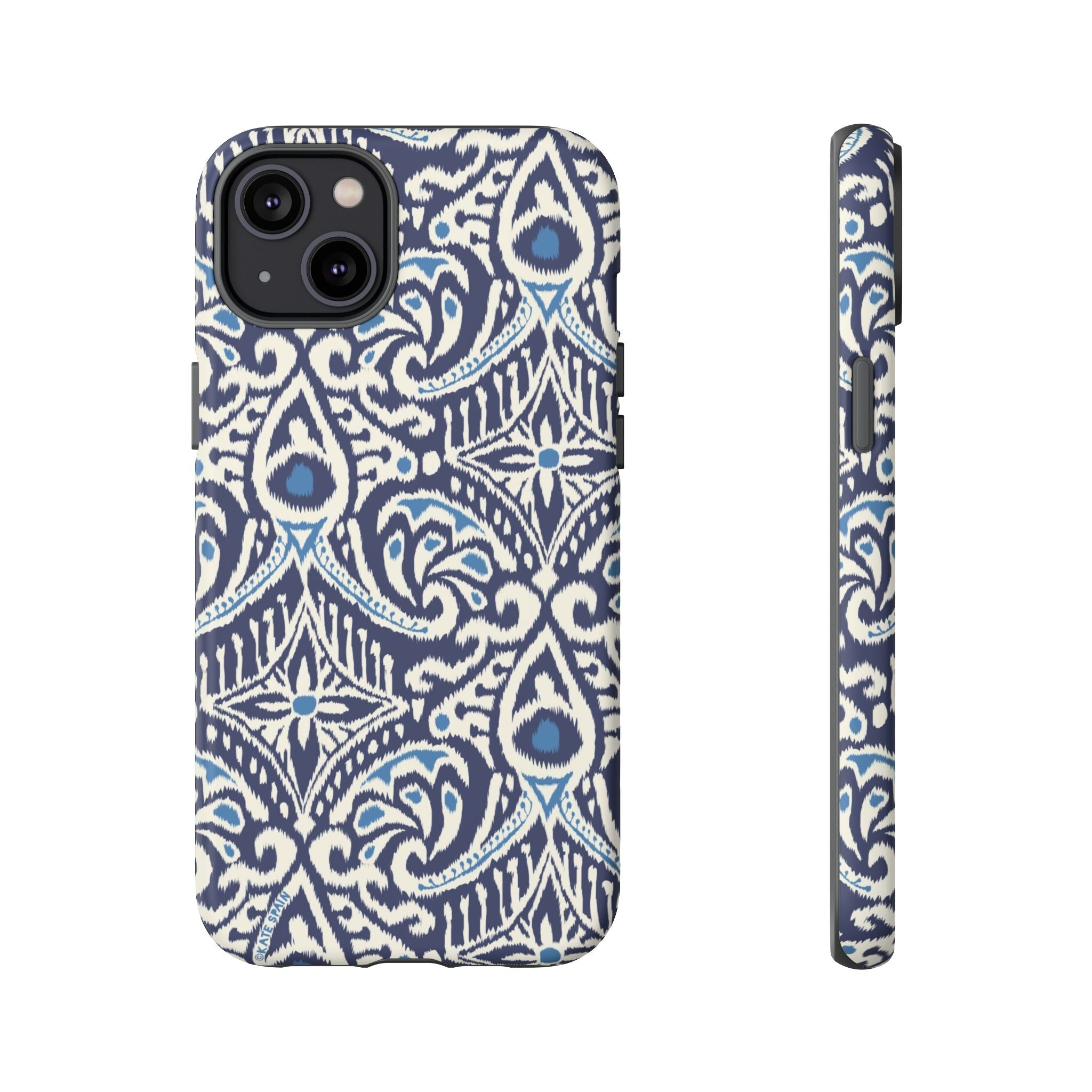 Ikat Tough iPhone 14 Plus Case – Matte | navy, cream, blue ikat medallion print