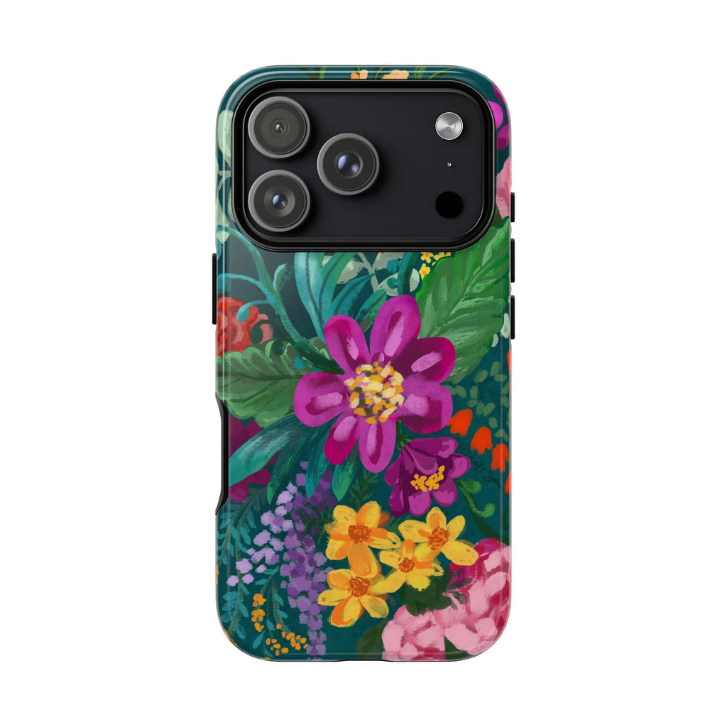 Posy Tough iPhone 17 Pro Case – Glossy | teal, purple, magenta, yellow botanical wildflower print