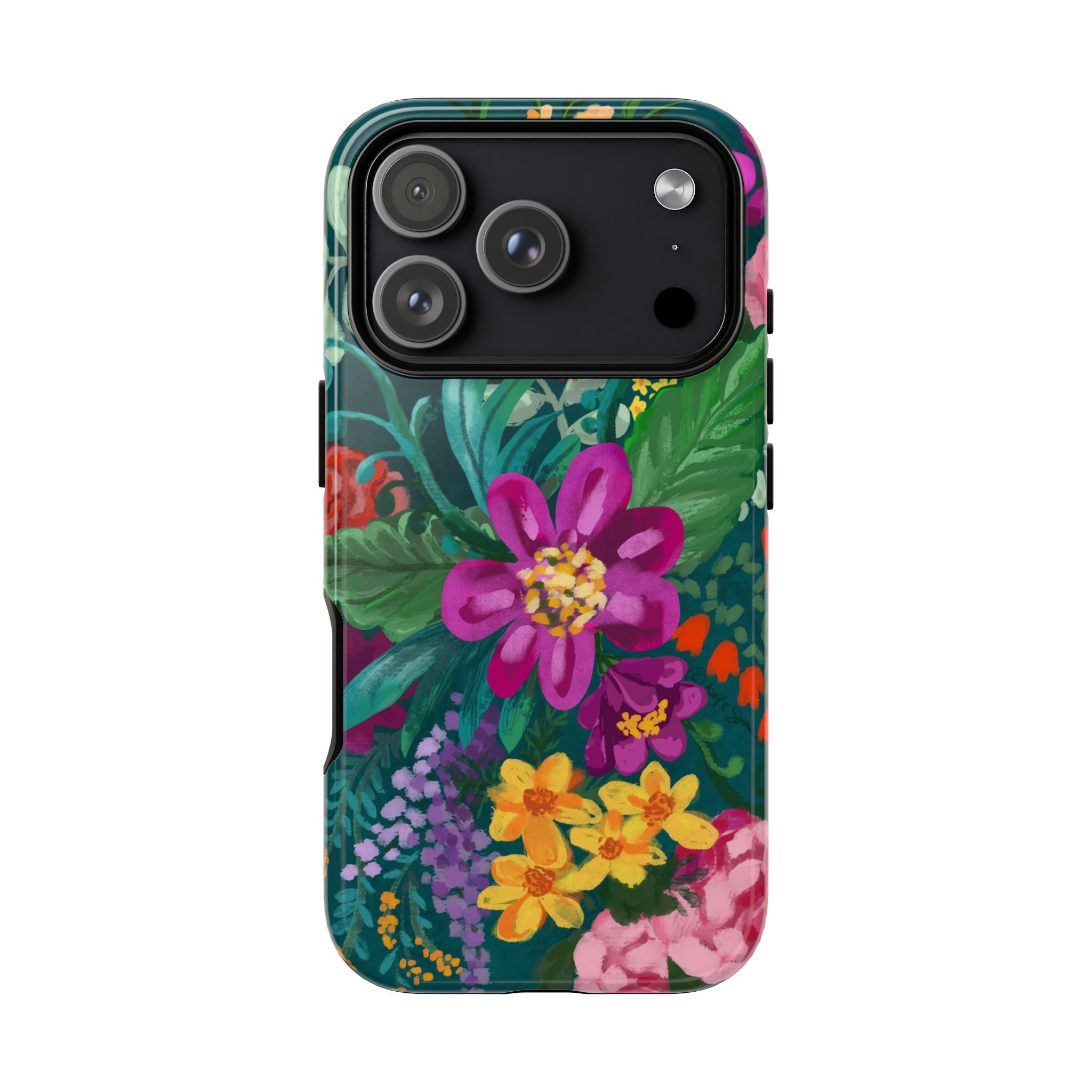 Posy Tough iPhone 17 Pro Case – Glossy | teal, purple, magenta, yellow botanical wildflower print