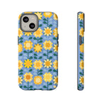 Sunflowers Tough iPhone 14 Case – Matte | blue, yellow, gold geometric sunflower print