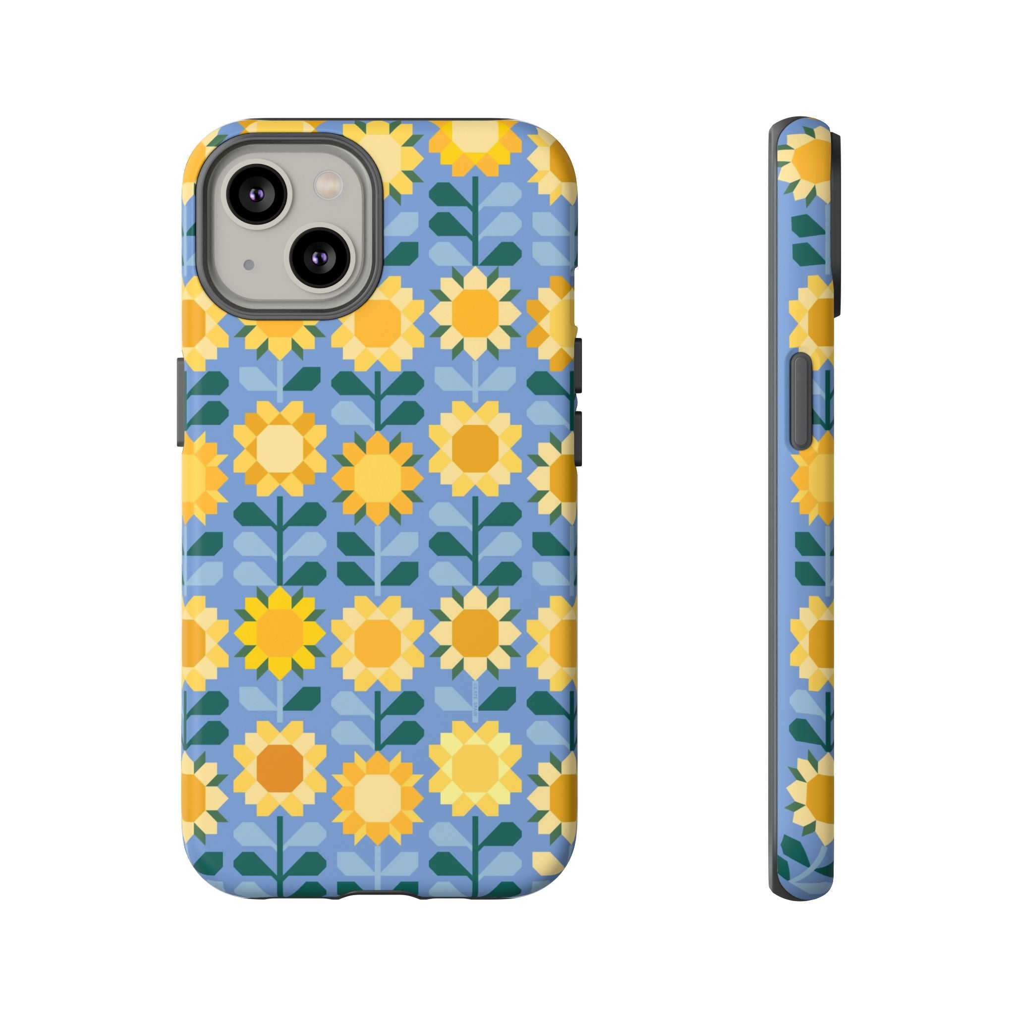 Sunflowers Tough iPhone 14 Case – Matte | blue, yellow, gold geometric sunflower print