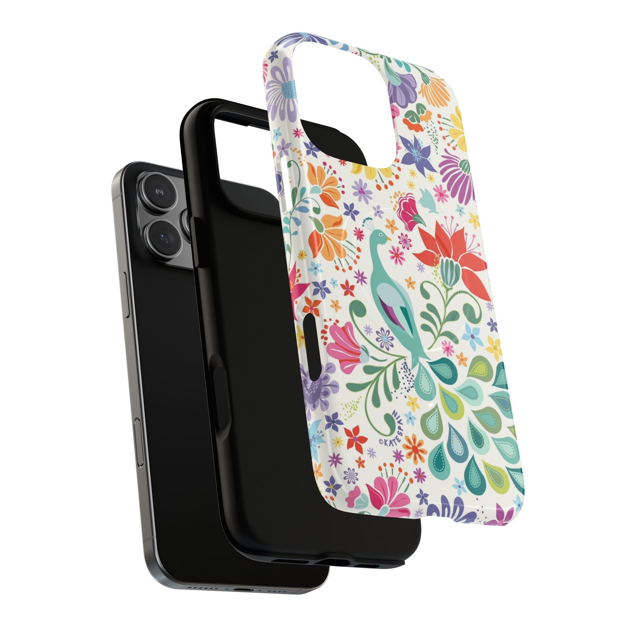 Peacock Sanctuary MagSafe iPhone 16 Pro Max Case – Dual-layered view of case and inner lining in front of phone, with view of camera cutout and buttons | cream, teal, coral multicolor vibrant peacock feather botanical print