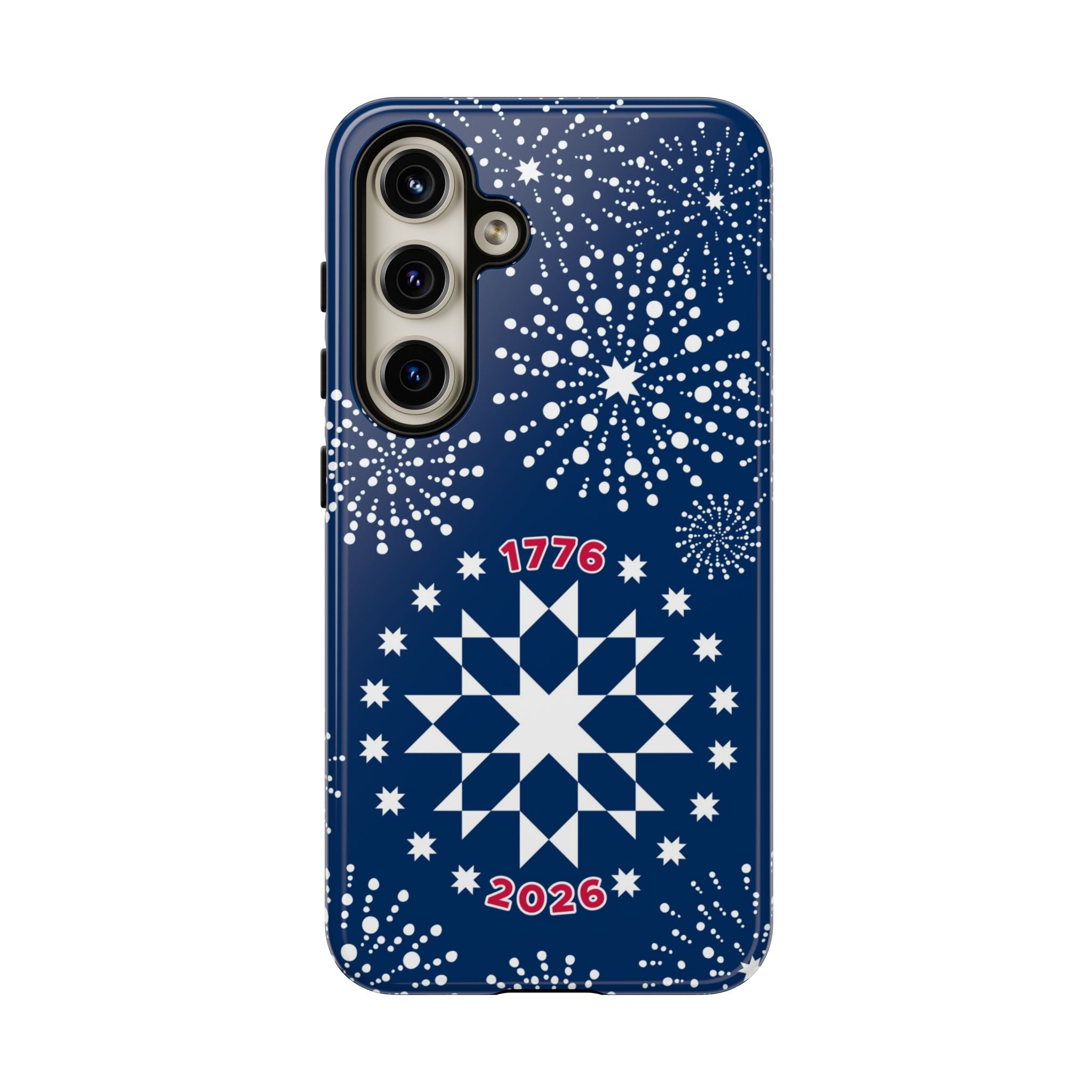 250th Fireworks Samsung Galaxy S24 Case – Glossy | navy, white patriotic star quilt fireworks print