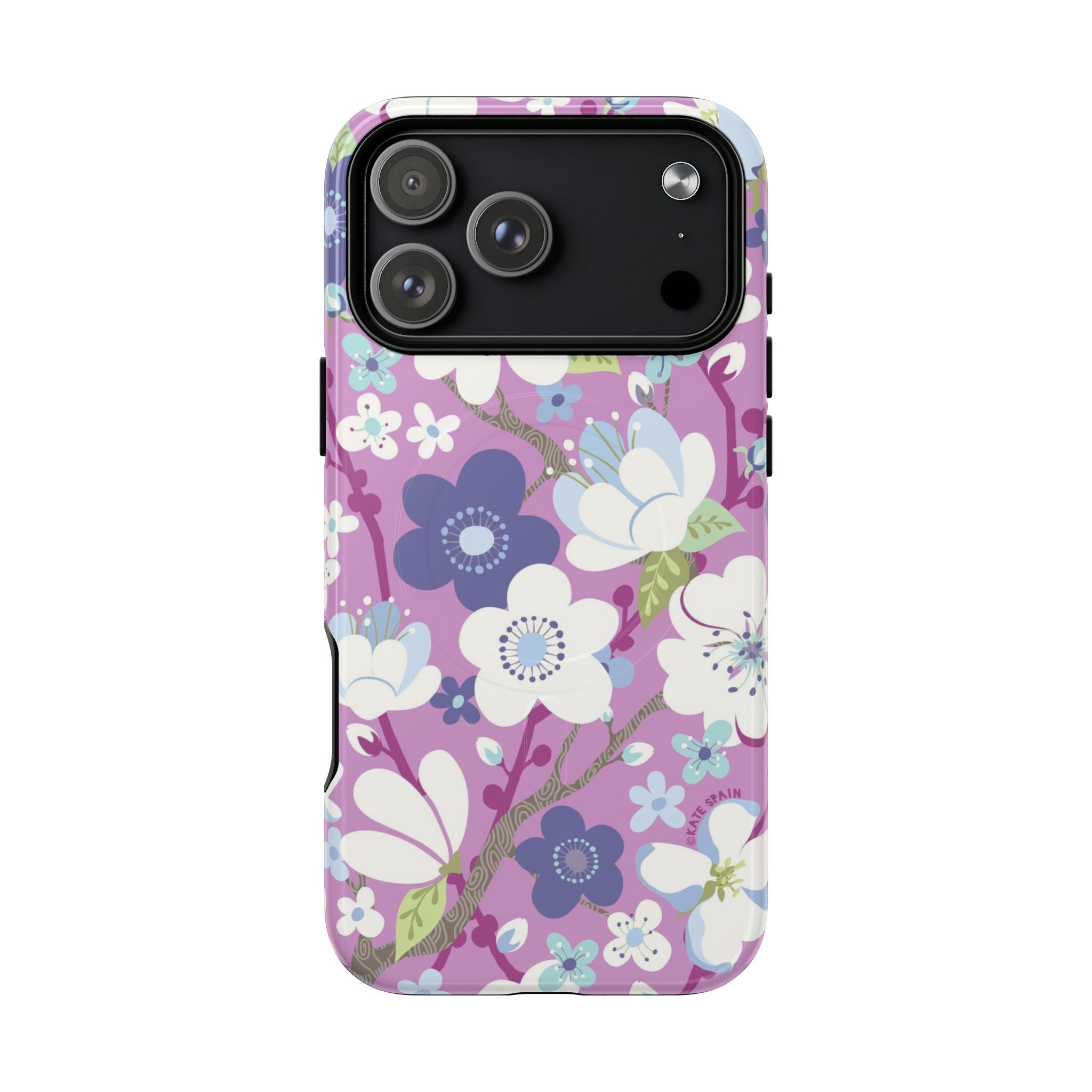 Purple Cherry Blossom MagSafe iPhone 17 Pro Max Case – Glossy | mauve, purple, blue, white cherry blossom print