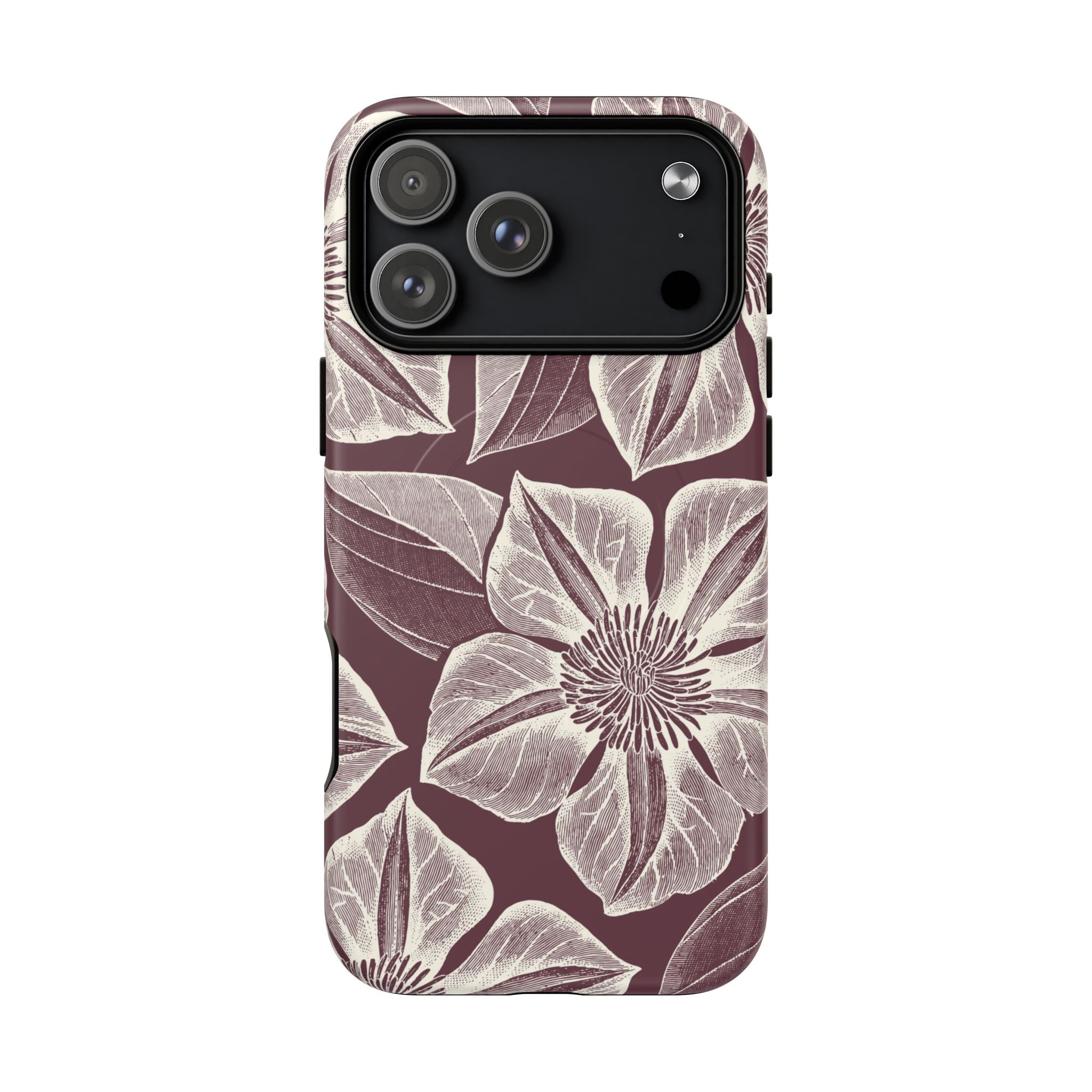 Vintage Bloom Burgundy MagSafe iPhone 17 Pro Max Case – Matte | burgundy ground, large-scale cream clematis print, engraved petal detail, dual-layer protection
