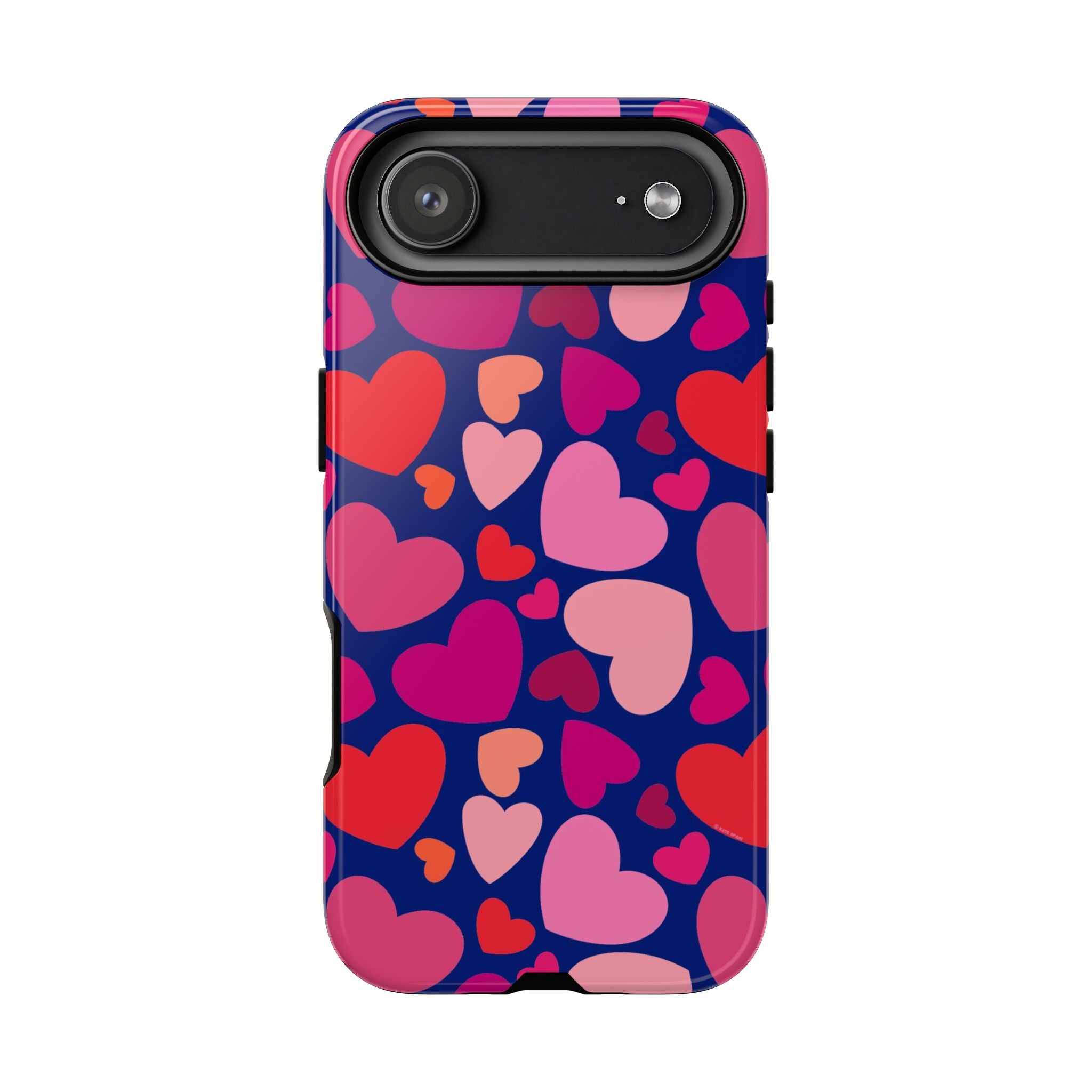 Hearts Tough iPhone 17 Air Case – Glossy | navy, pink, red, coral scattered heart print